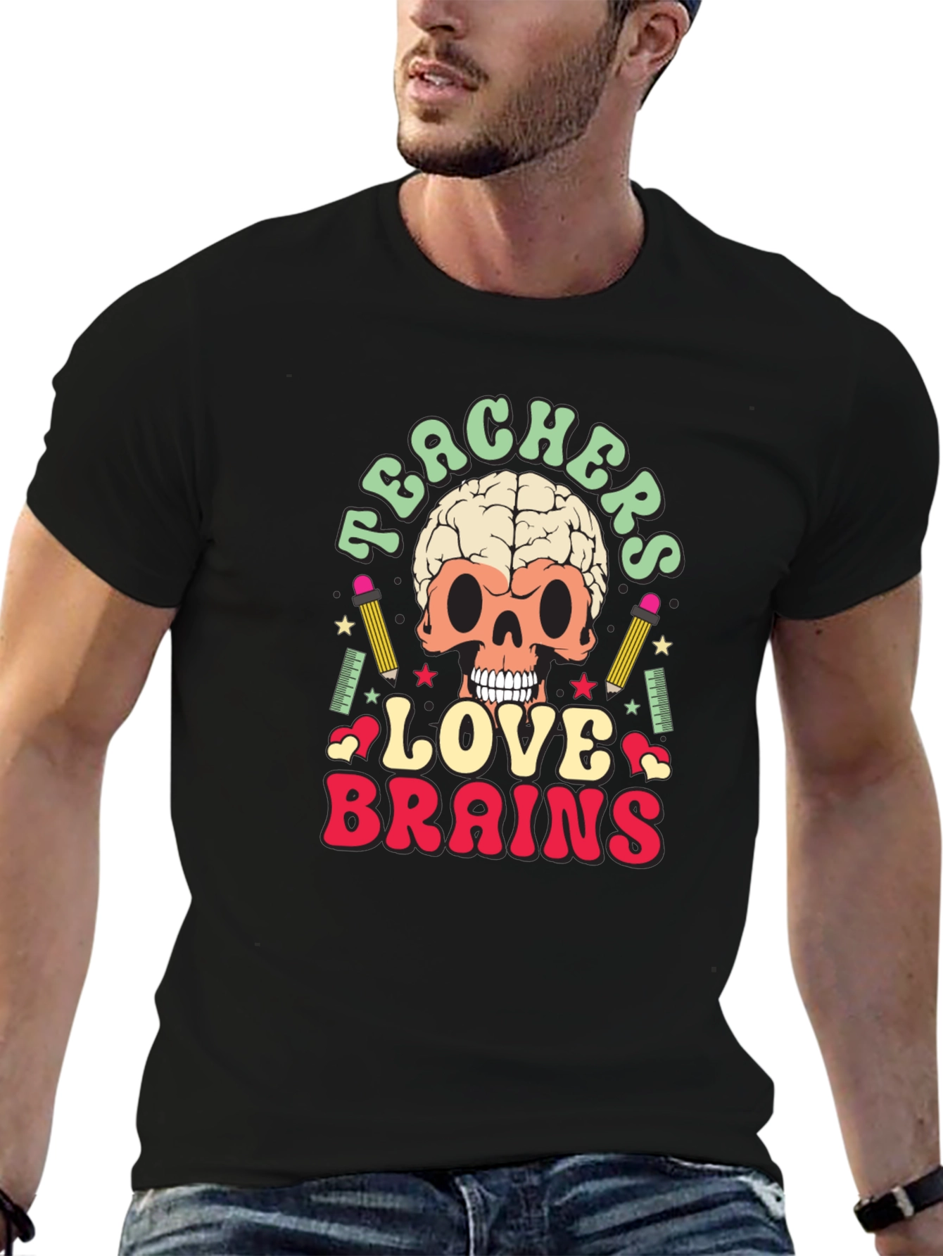 Black Teachers Love Brains Graphic Tee - Funny Skull T-Shirt view 6