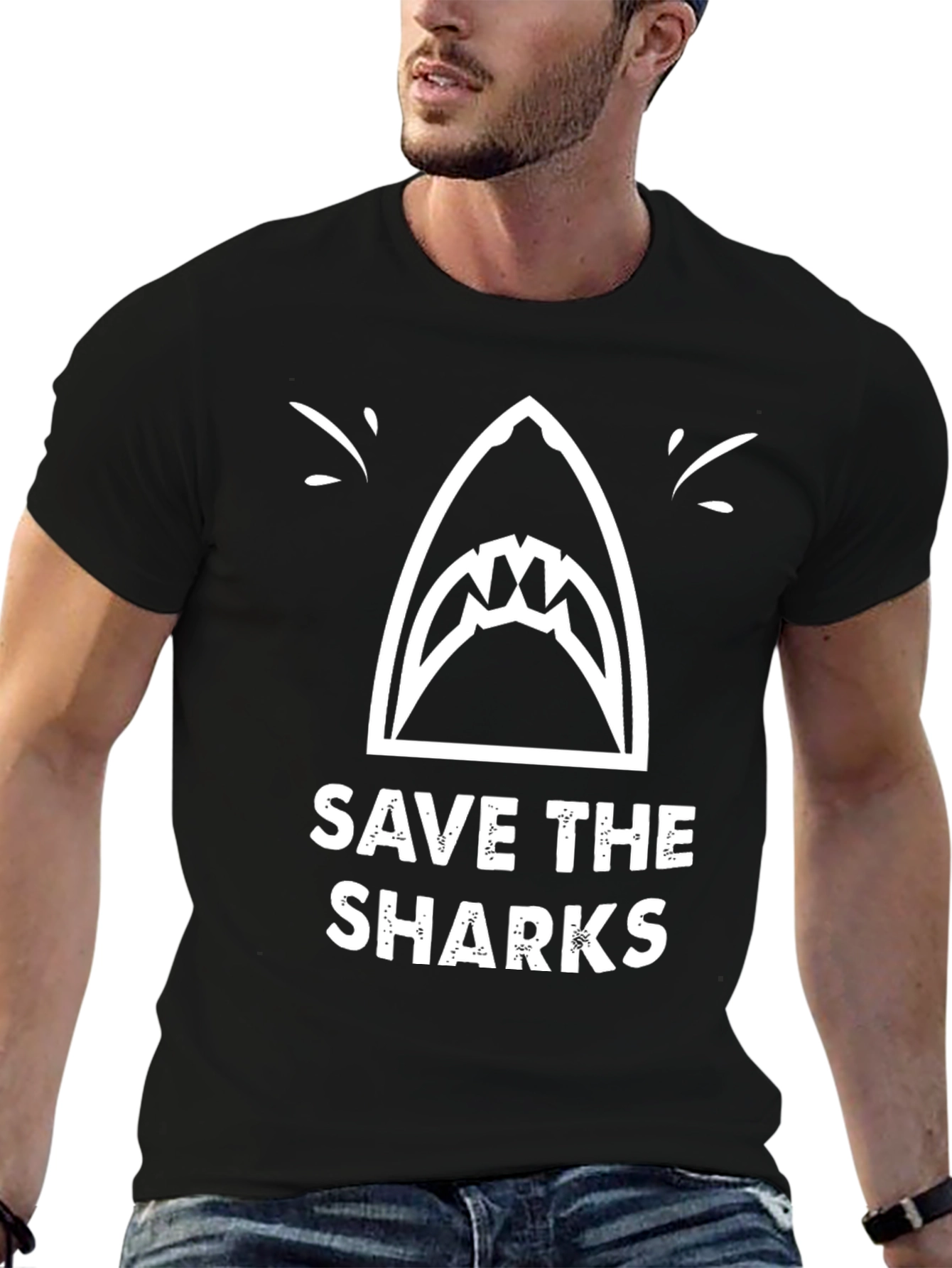 Black Save the Sharks Graphic Tee - Black Cotton T-Shirt view 6