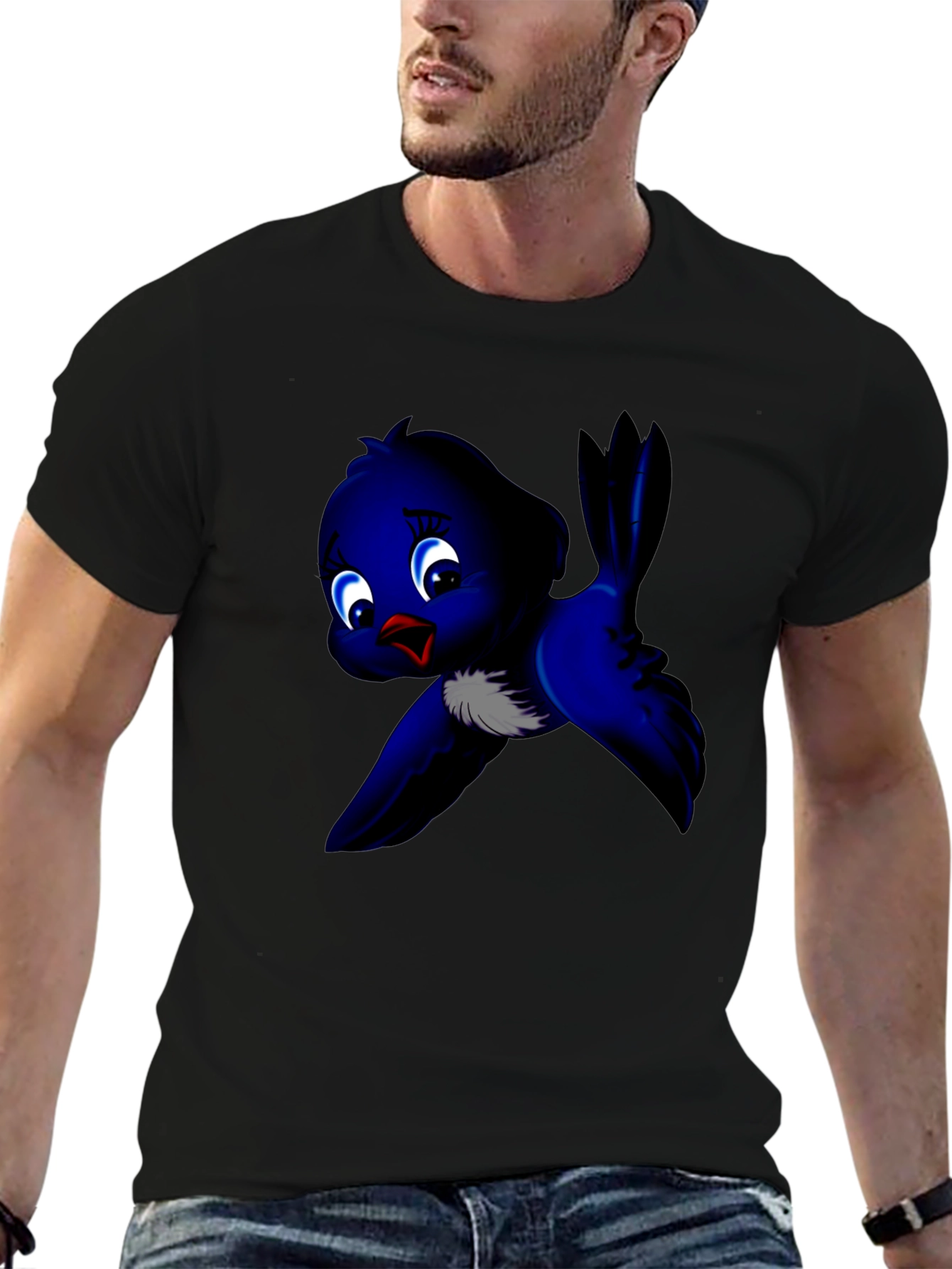 Black Cute Blue Bird Graphic Tee - Soft Cotton view 6