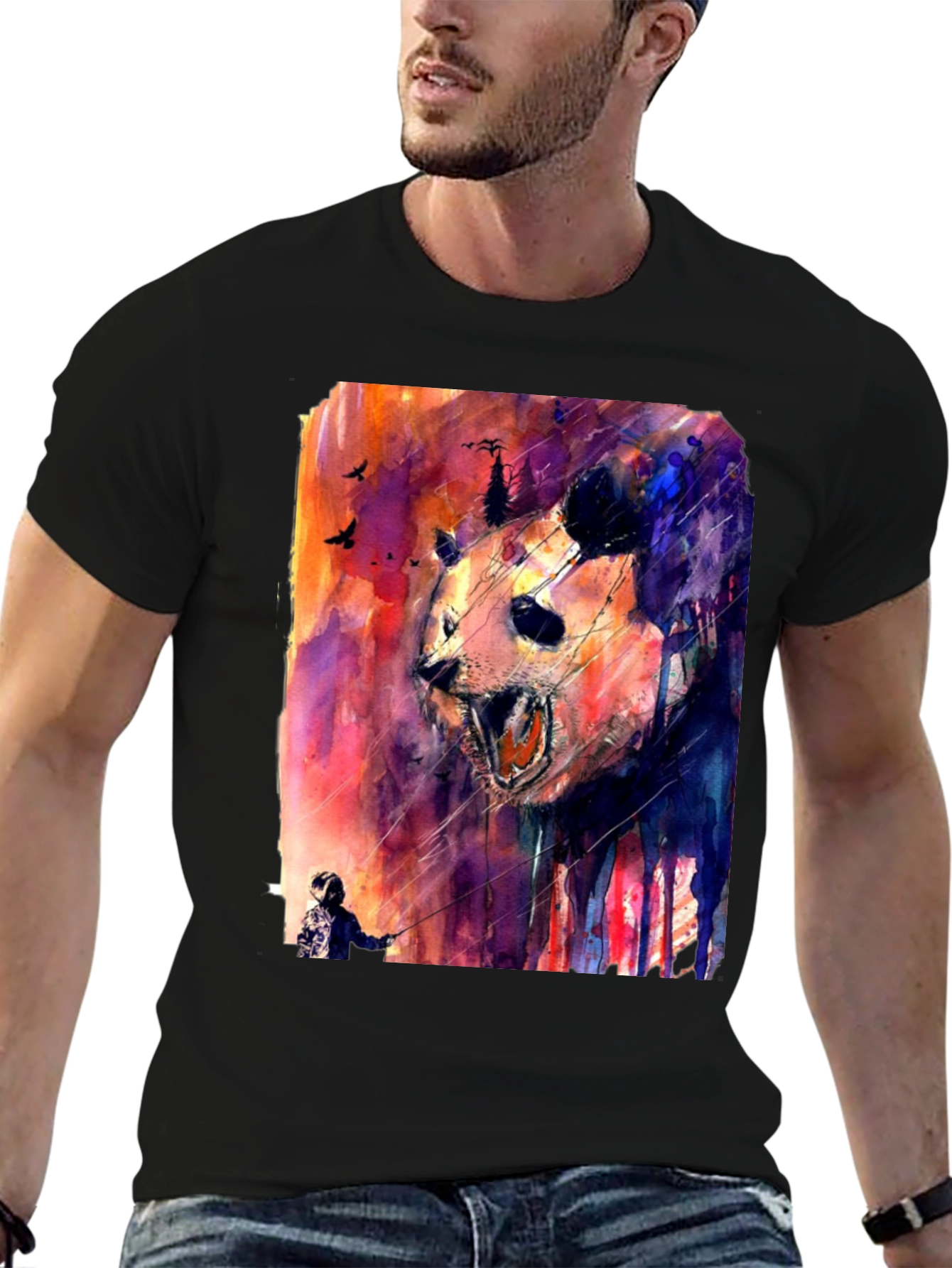 Black Panda Watercolor Graphic Print Black T-Shirt view 6