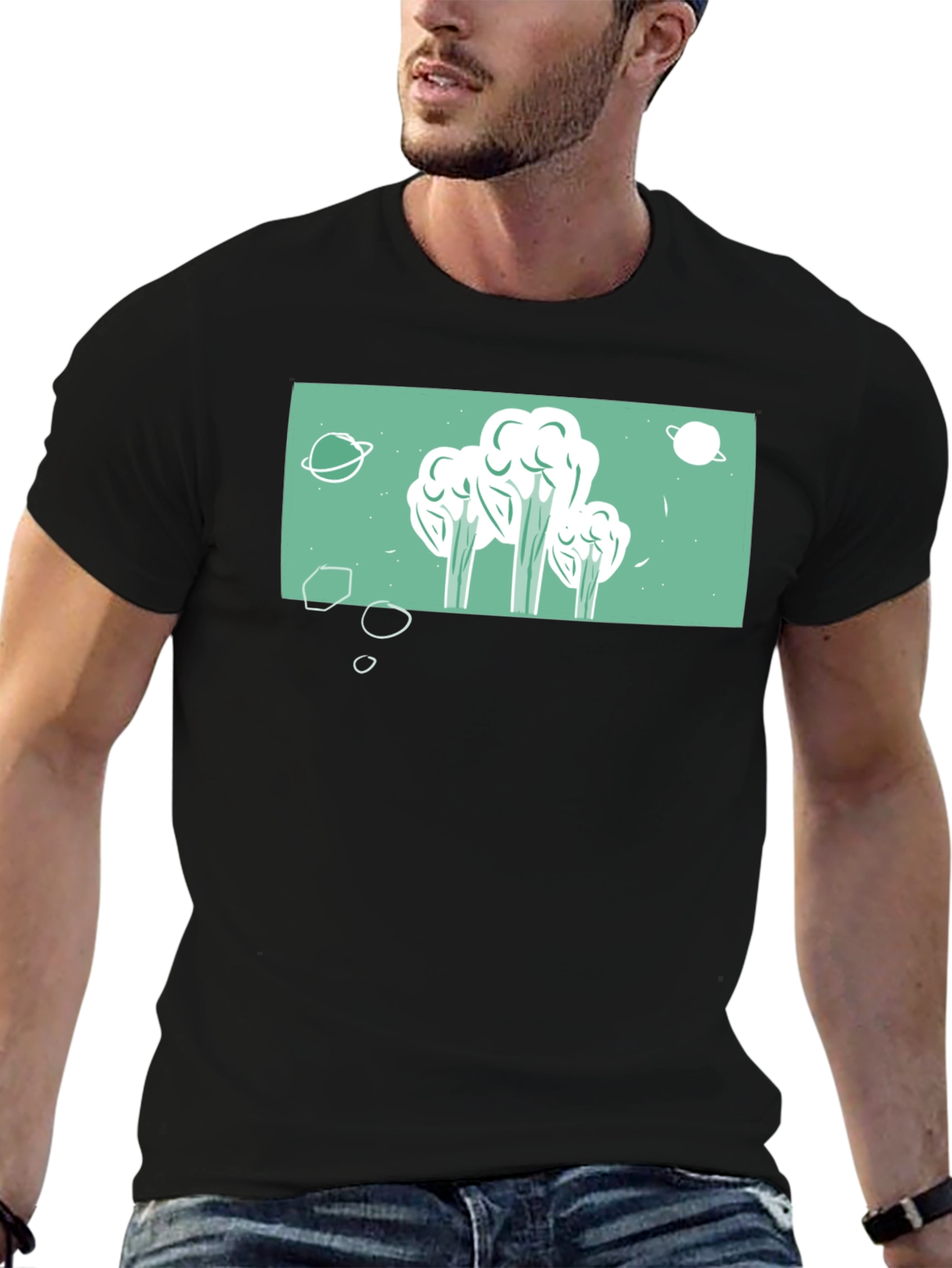 Black Space Broccoli T-Shirt - Quirky Graphic Tee view 6