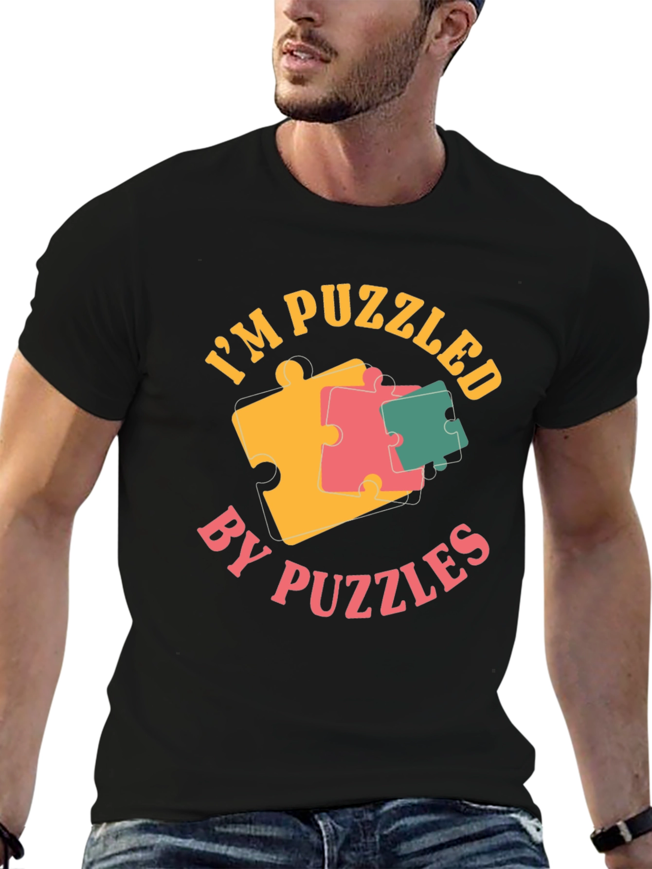 Black Puzzled by Puzzles Black Graphic Tee Shirt view 6