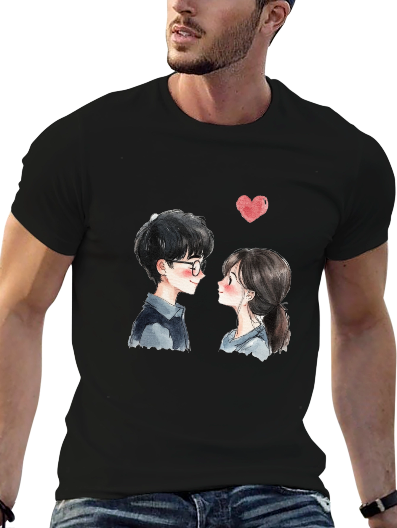 Black Cute Couple Graphic Tee - Black Casual T-Shirt view 6