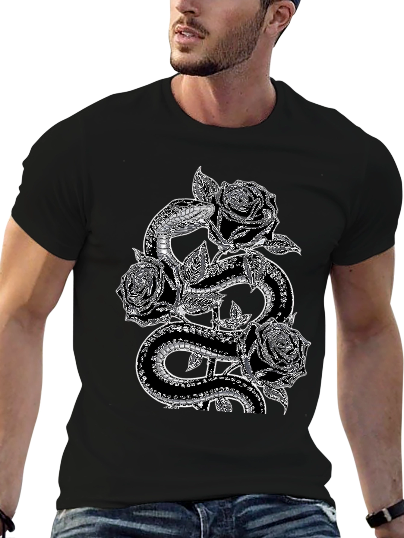Black Snake & Roses Graphic Tee - Stylish Black T-Shirt view 6