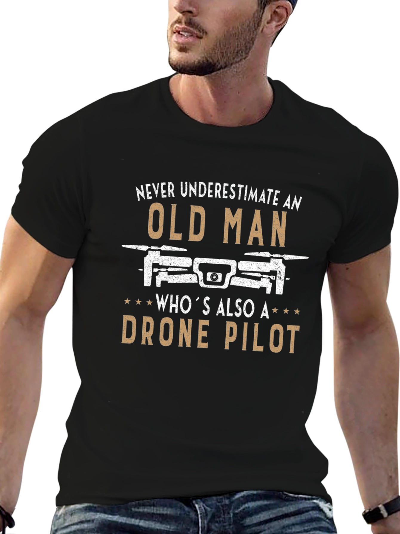 Black Old Man Drone Pilot T-Shirt - Funny Novelty Tee view 6