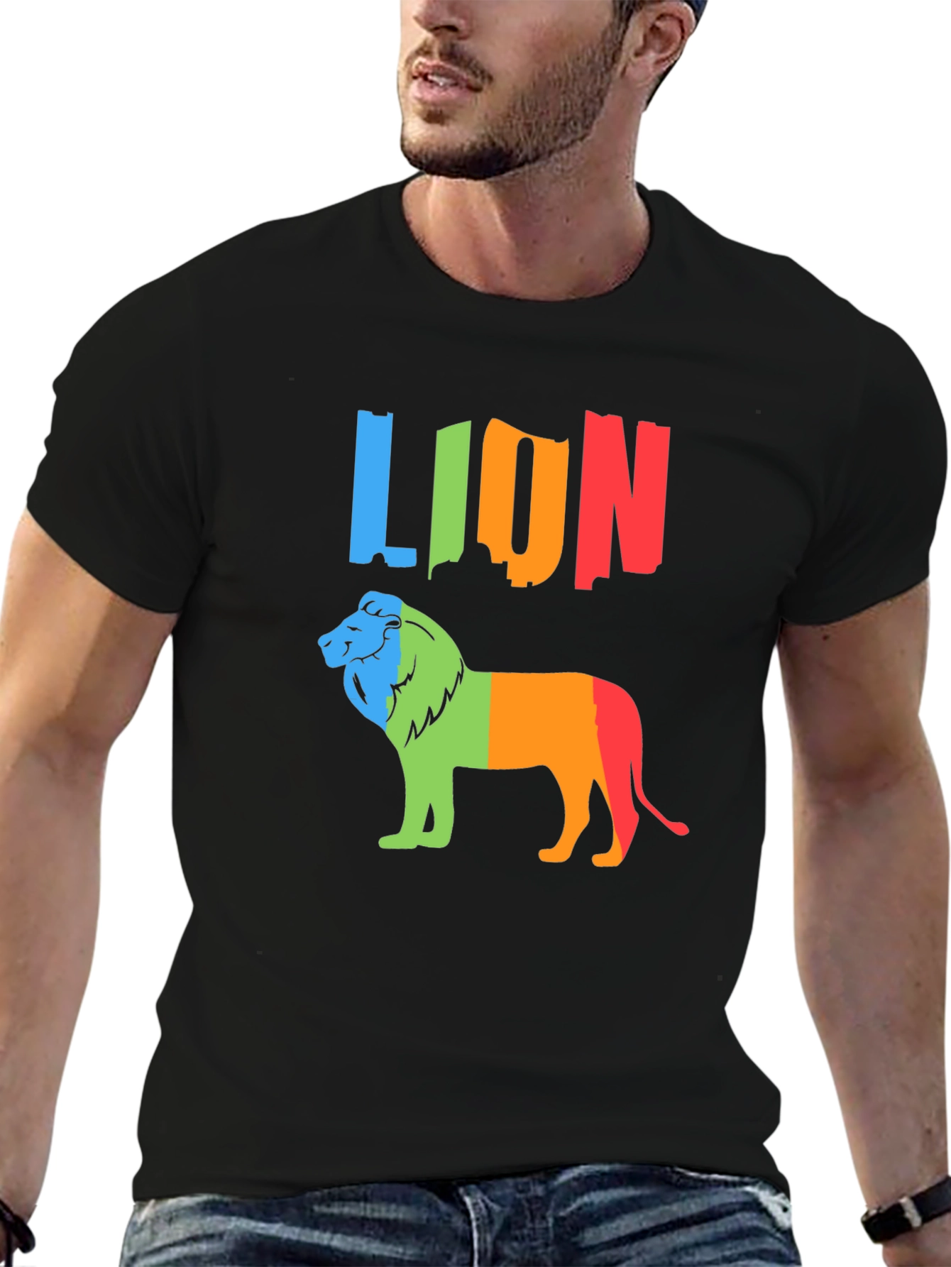 Black Colorful Lion Graphic Tee - Black Crewneck T-Shirt view 6