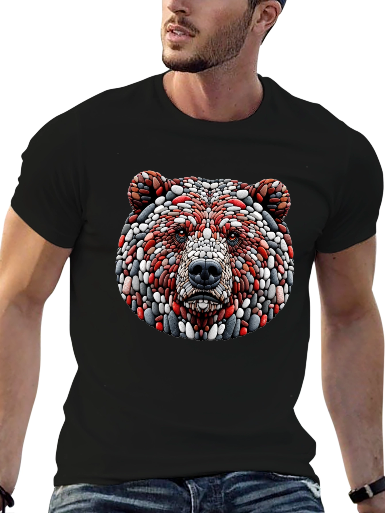 Black Unique Bear Head Graphic Black T-Shirt view 6