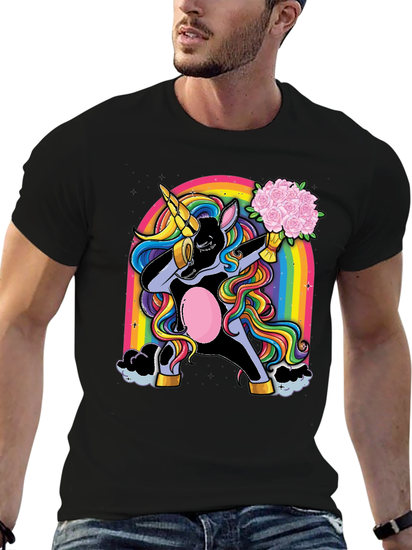 Black Dabbing Unicorn T-Shirt - Rainbow & Flowers view 6