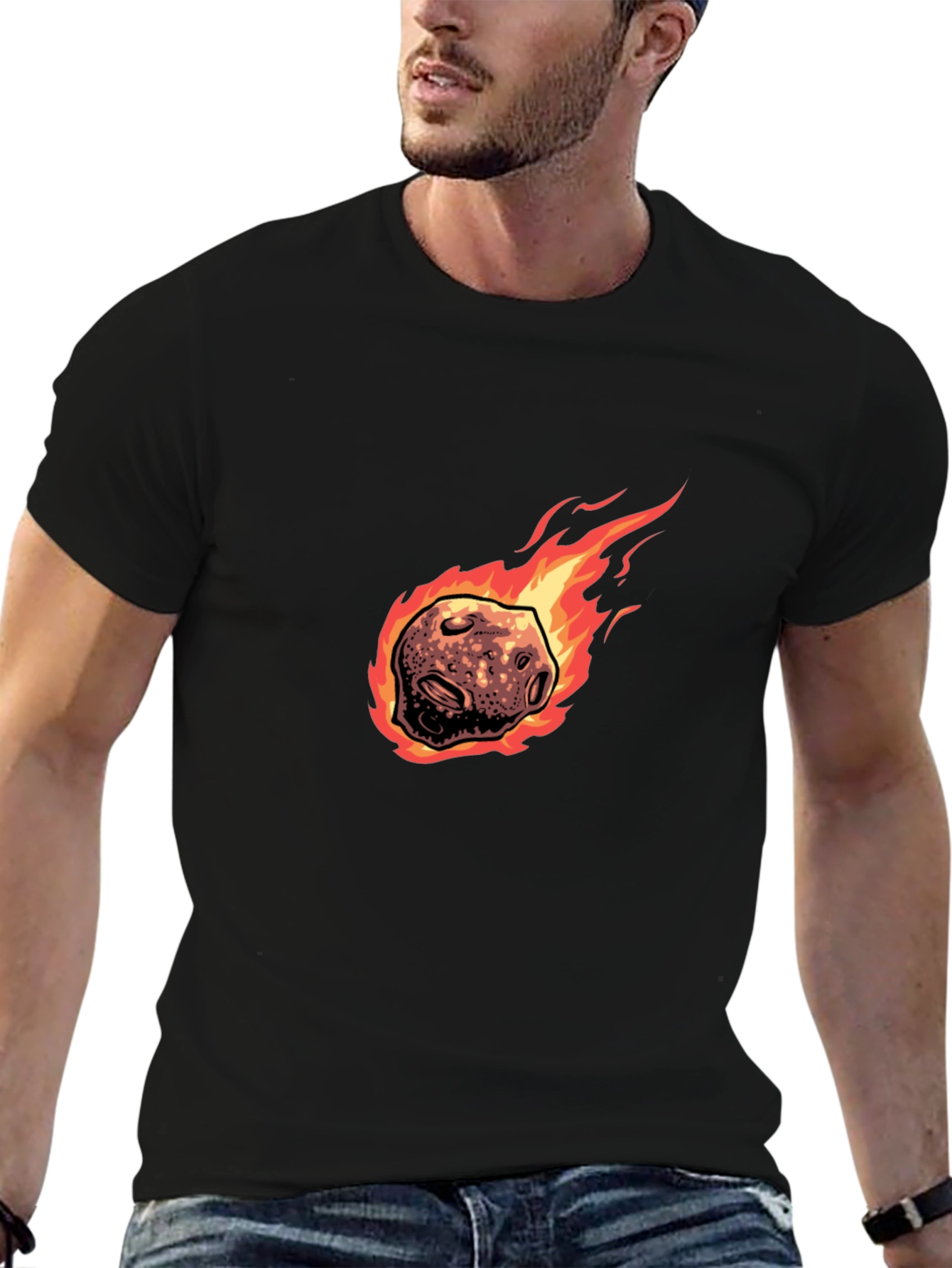 Black Flaming Meteor Graphic Tee - Black Cotton T-Shirt view 6