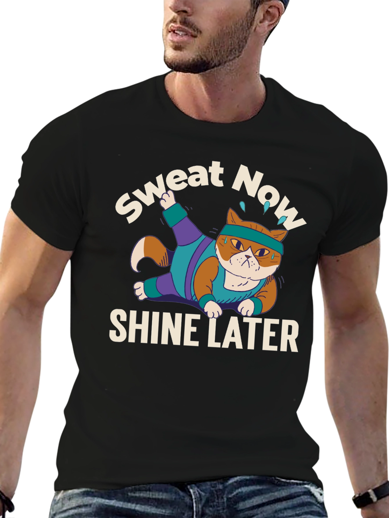 Black Sweat Now Shine Later Cat Gym T-Shirt view 6