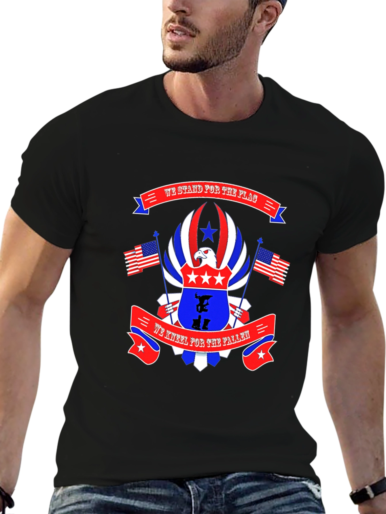 Black Patriotic Eagle T-Shirt We Stand For The Flag We Kneel For The Fallen view 6