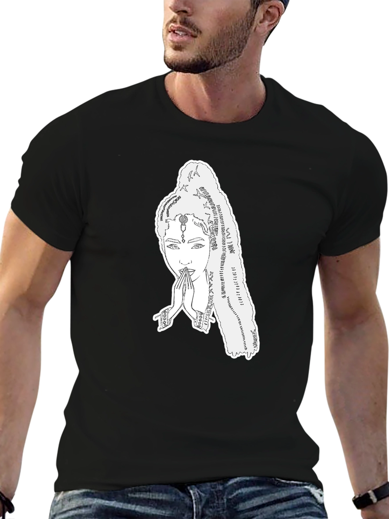 Black Elegant Graphic Tee - Woman Praying Design view 6