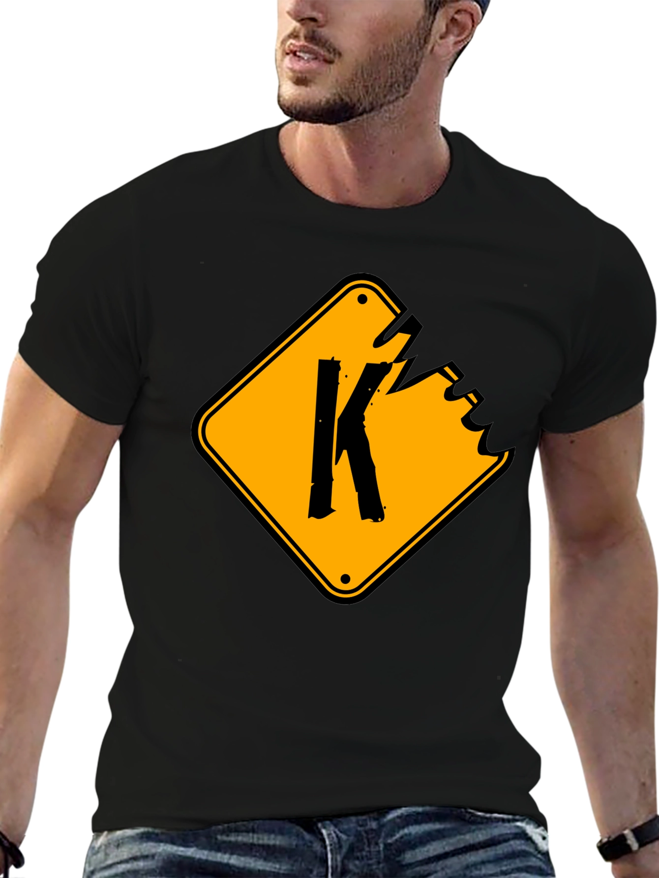 Black Men's Black Graphic T-Shirt with "K" Sign Design view 6