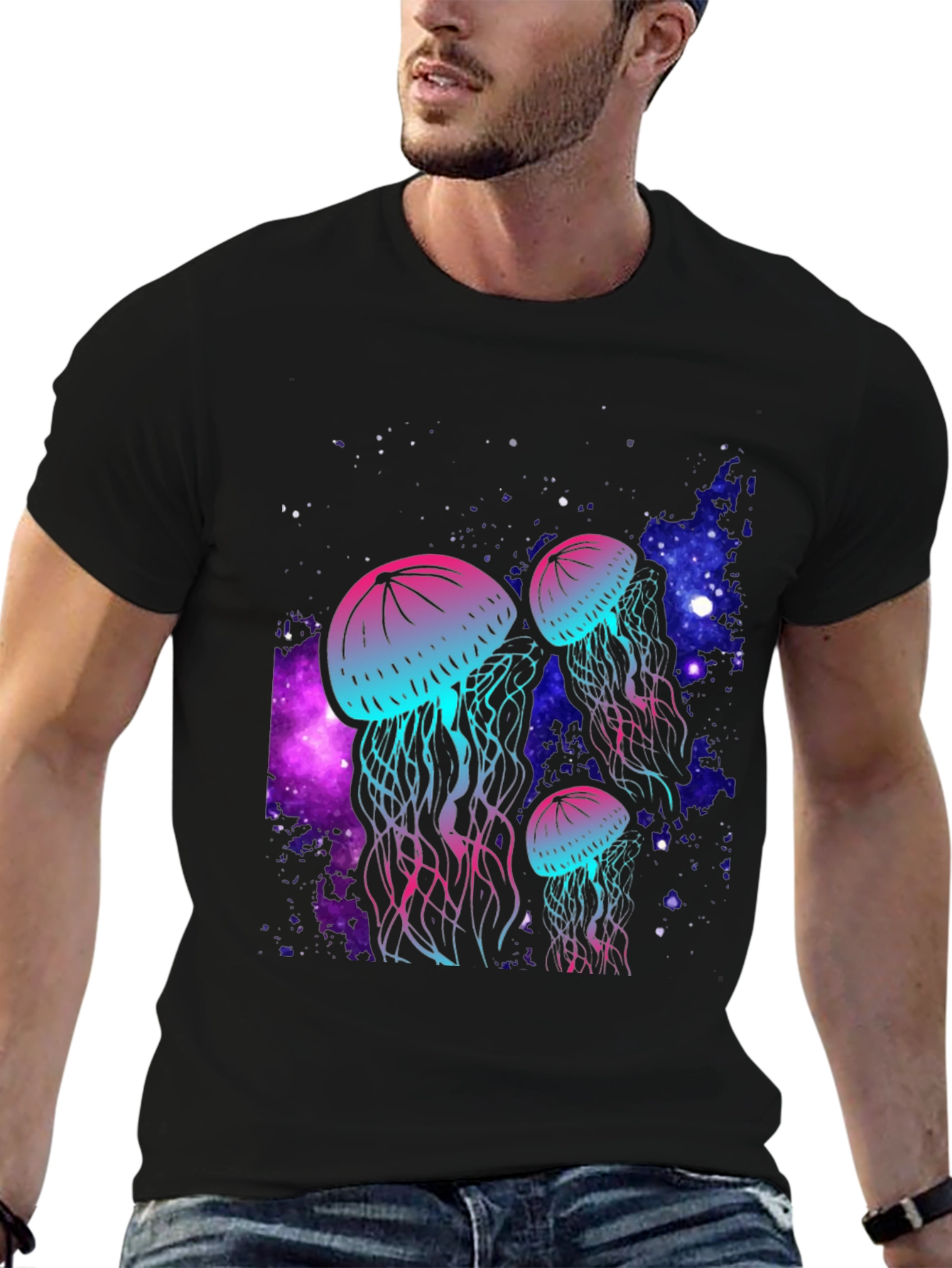 Black Neon Jellyfish Galaxy T-Shirt view 6