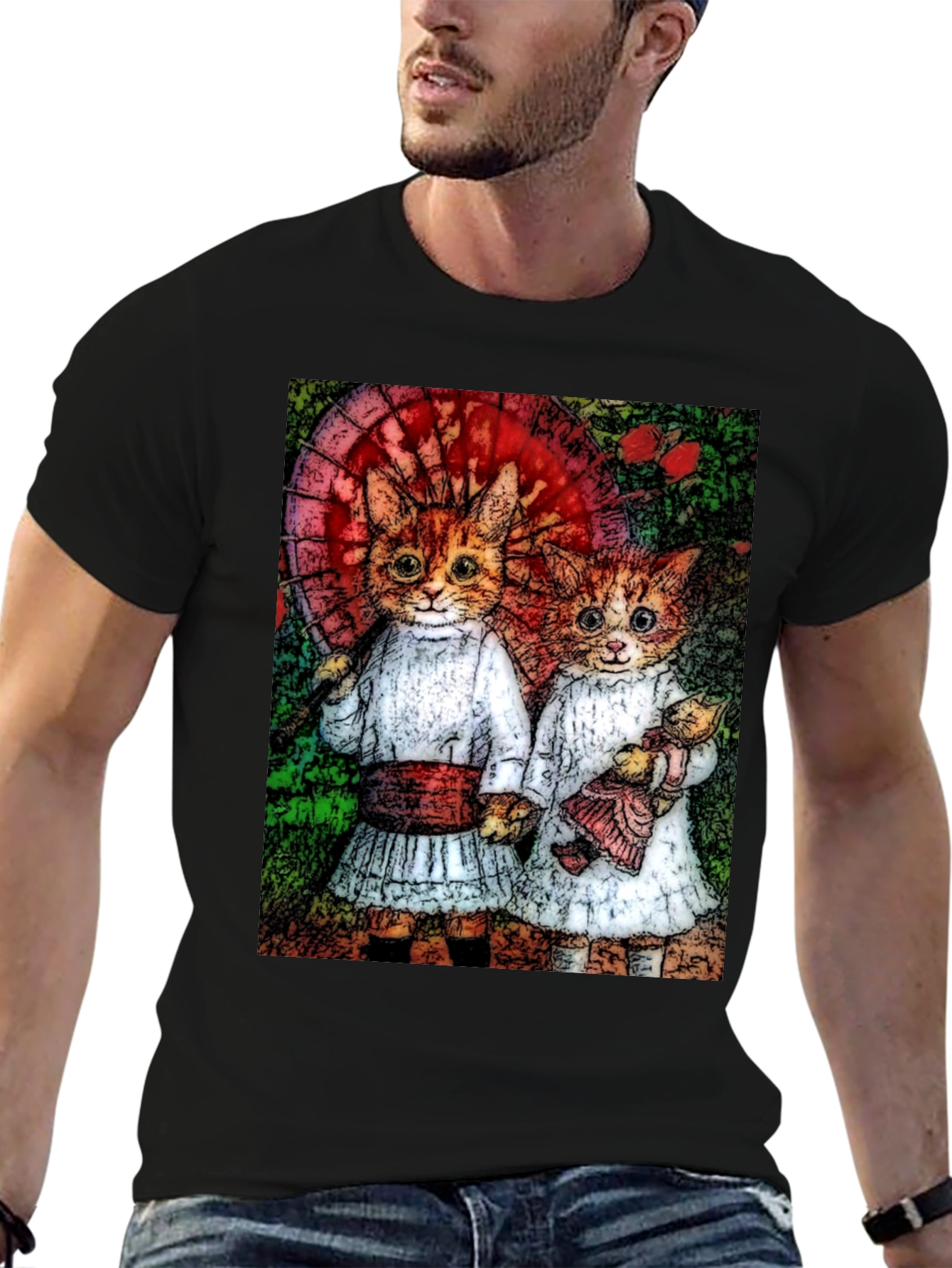 Black Cats Illustration T-Shirt, Cute Graphic Tee view 6