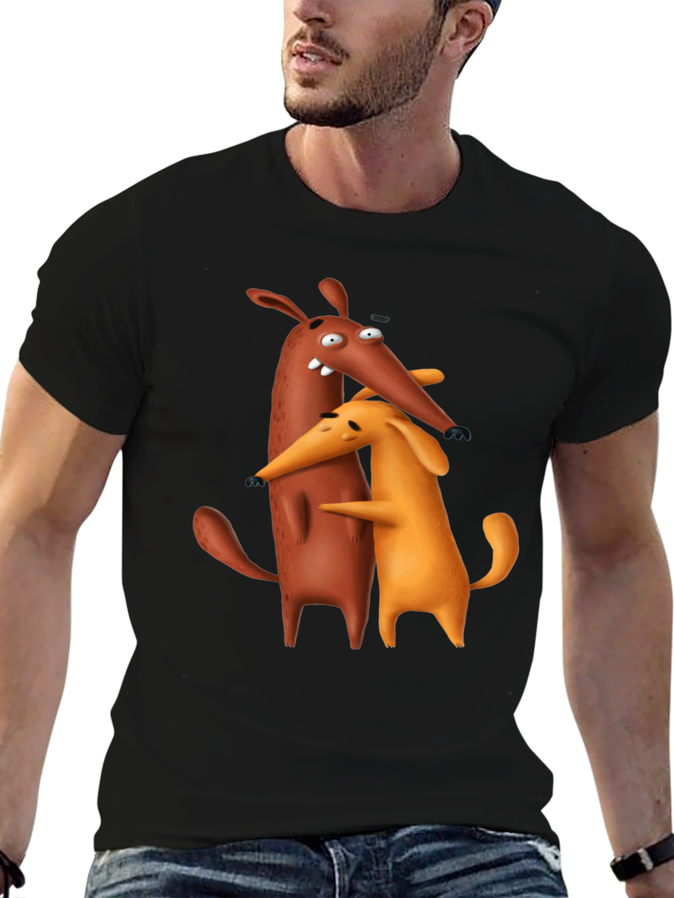 Black Cartoon Dog Hug Black T-Shirt view 6