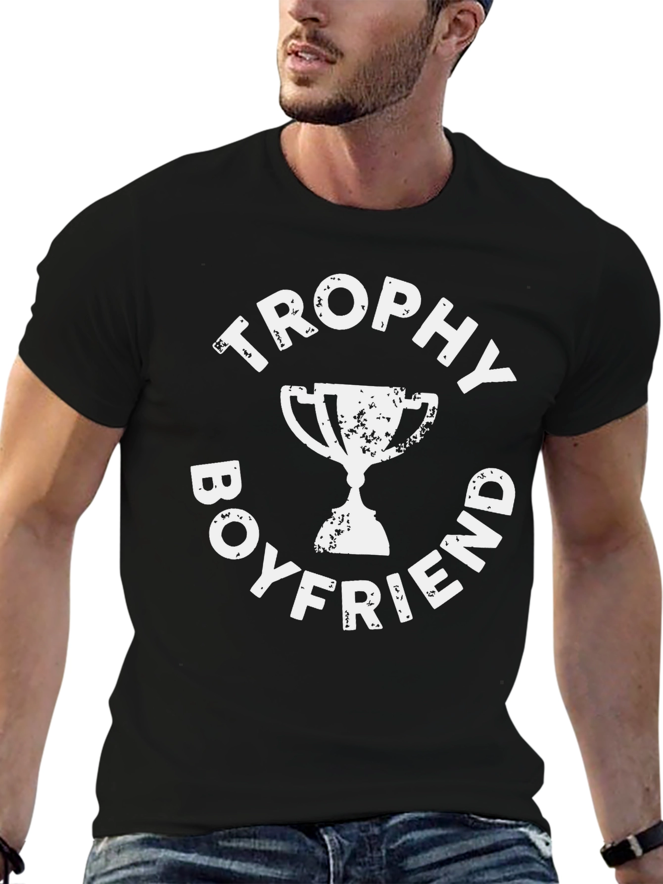 Black Trophy Boyfriend Graphic Tee - Black Cotton T-Shirt view 6