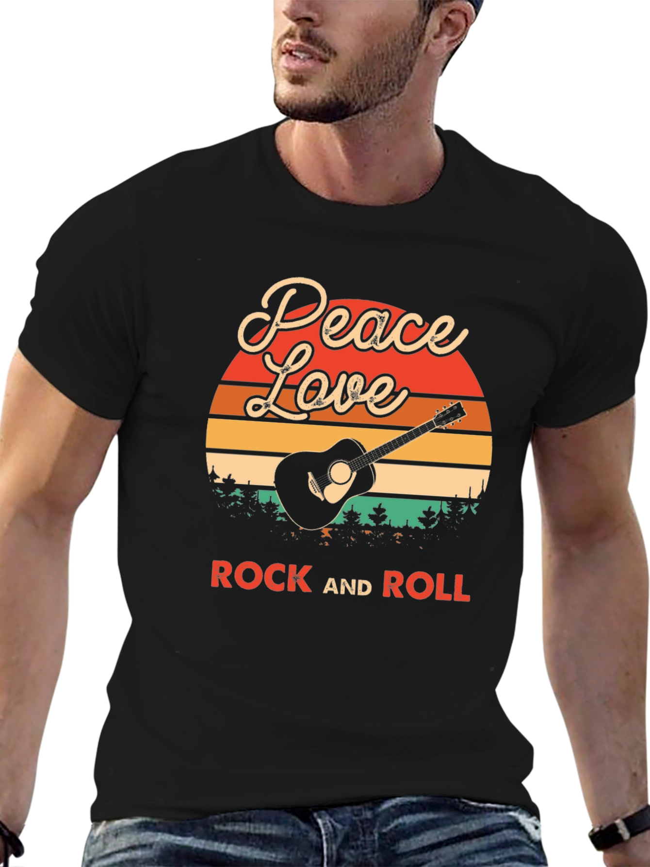 Black Peace Love Rock and Roll Graphic T-Shirt view 6