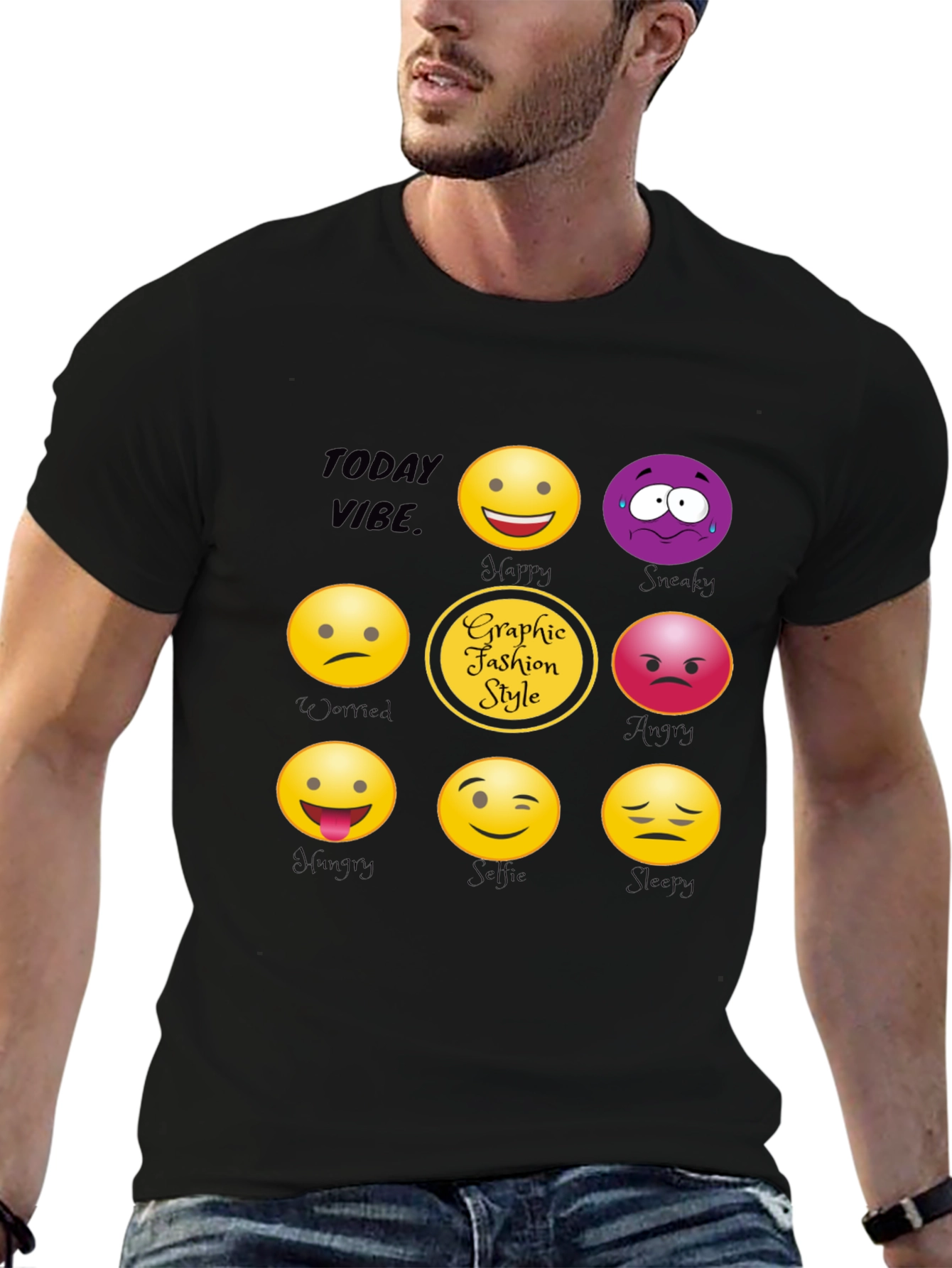 Black Today Vibe Emoji Graphic Style T-Shirt view 6