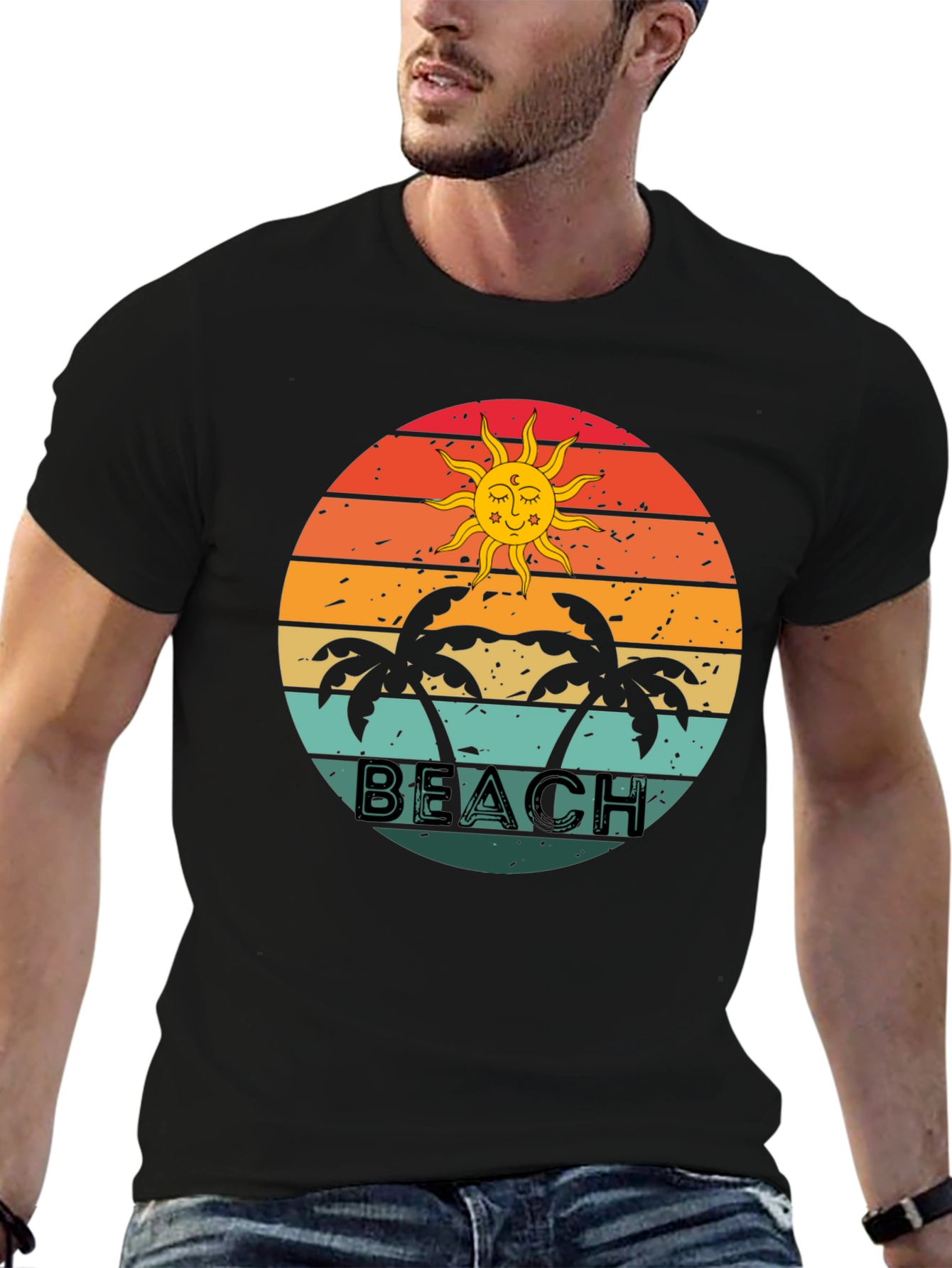 Black Retro Beach Graphic Tee - Palm Tree Sunset T-Shirt view 6