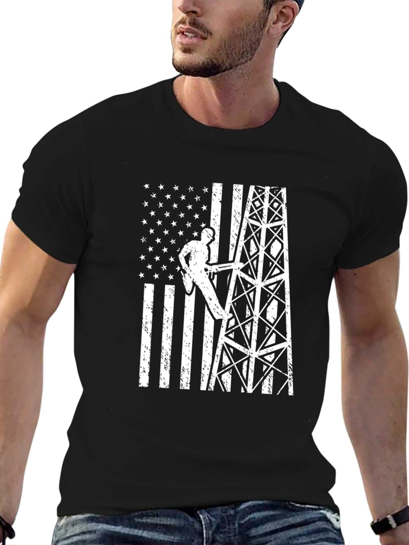 Black Lineman American Flag Graphic T-Shirt view 6