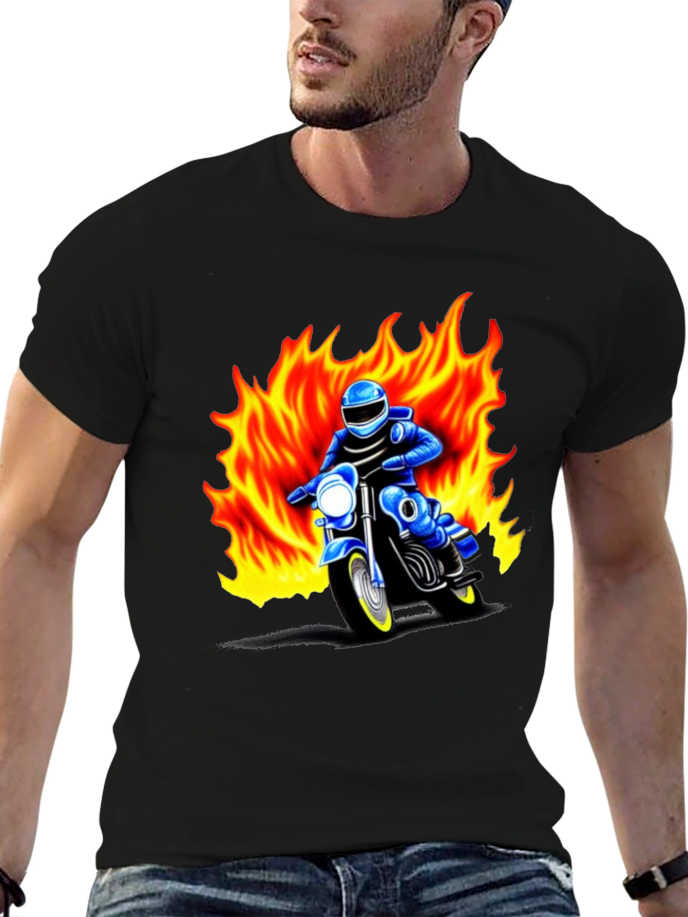 Black Men's Graphic T-Shirt - Motorcycle Rider in Flames view 6