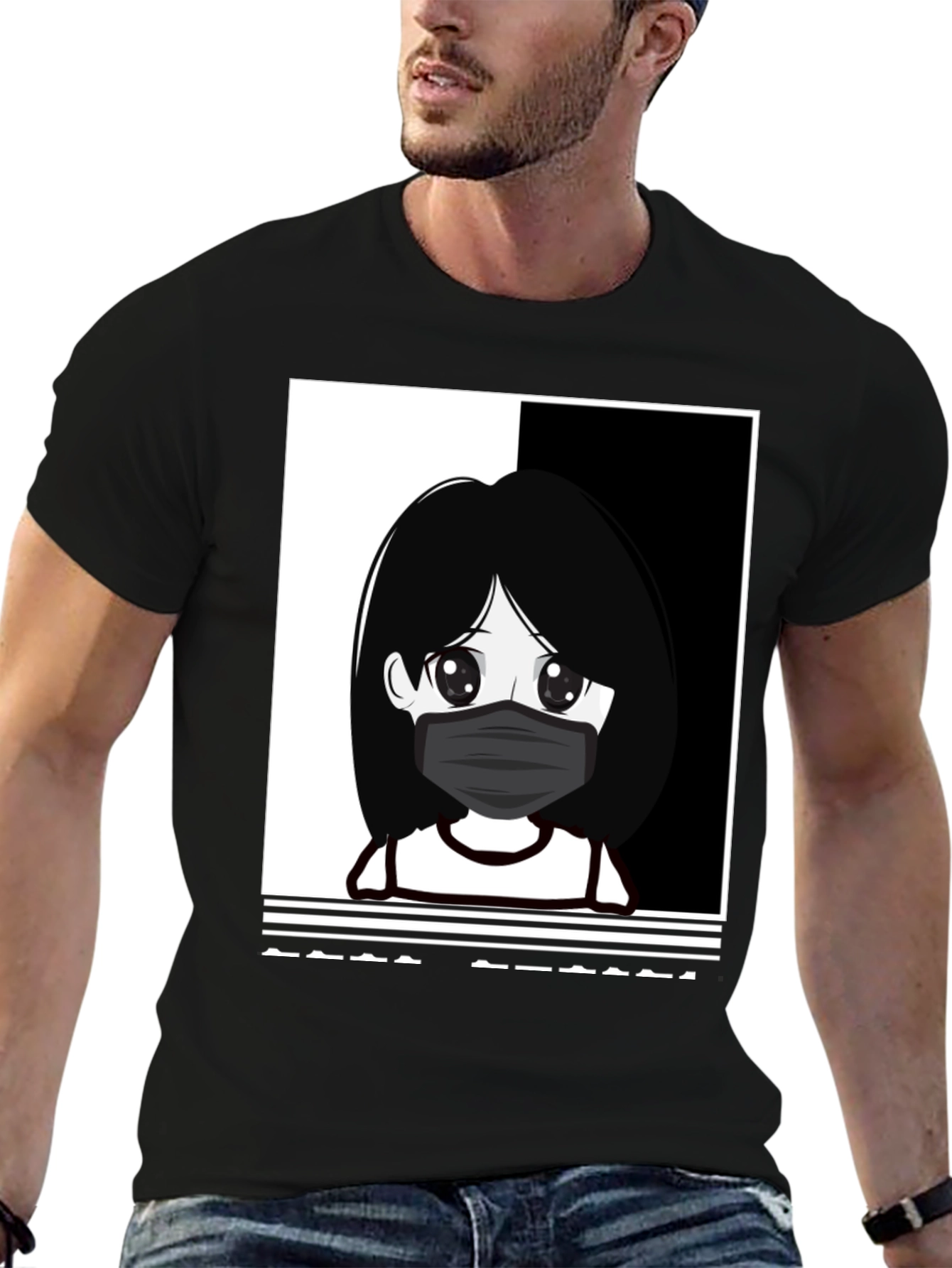 Black Anime Girl Masked Black T-Shirt view 6