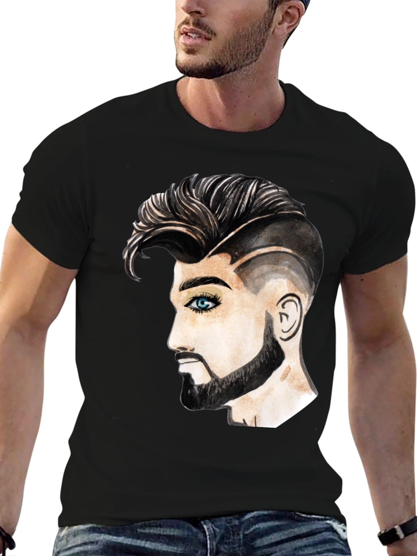 Black Graphic Print Men's T-Shirt - Handsome Man Design view 6