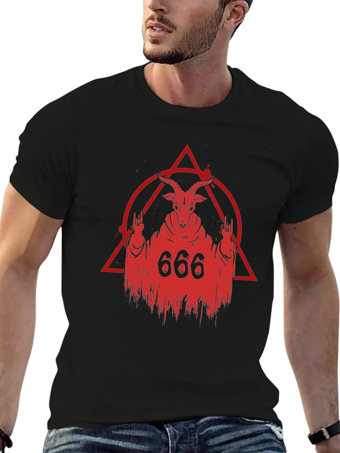 Black Occult Goat Head Graphic Print T-Shirt view 6