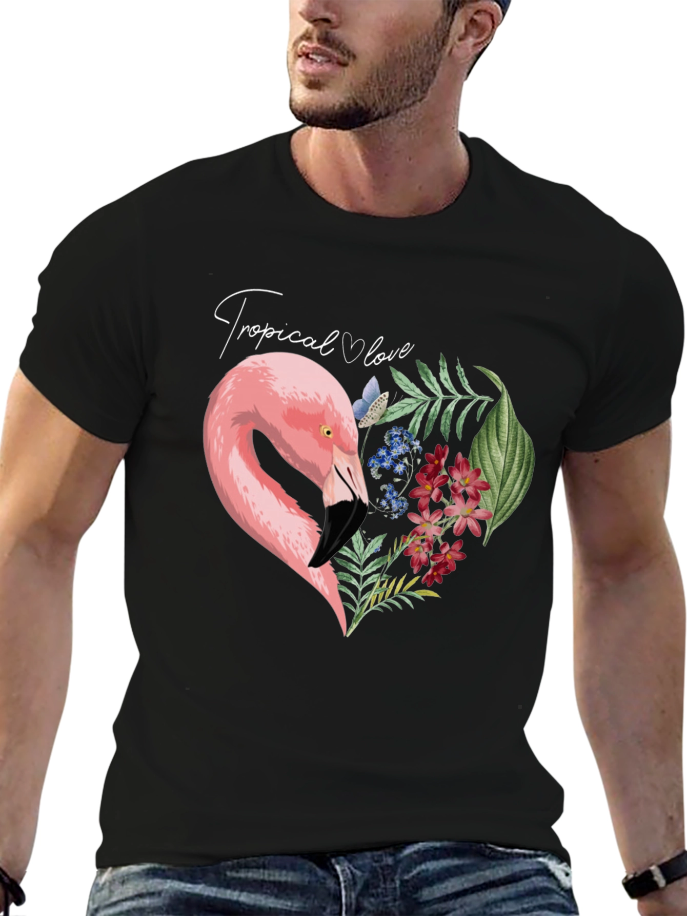 Black Tropical Flamingo Heart Graphic Tee - Black view 6