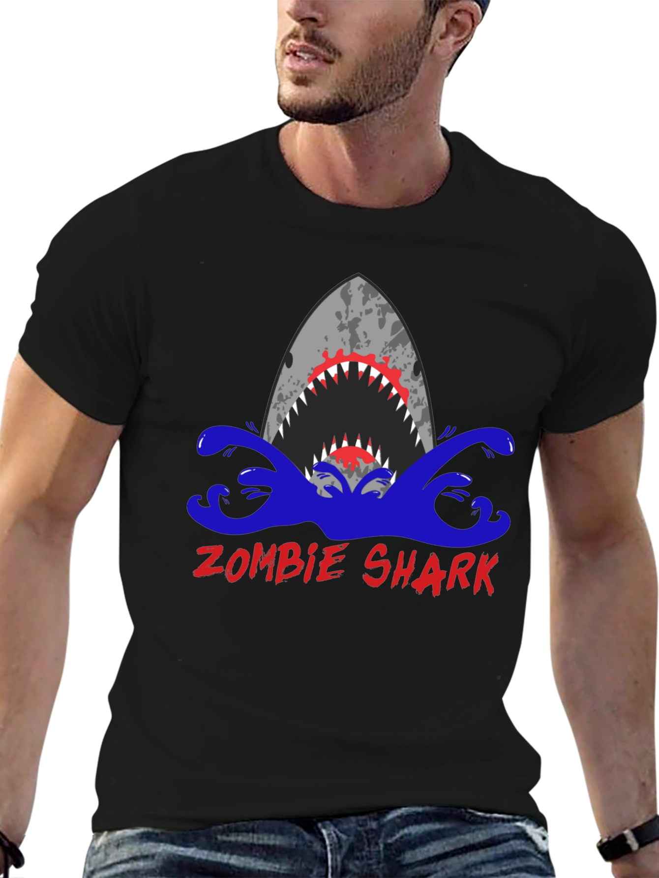 Black Zombie Shark Graphic Tee - Men's Black T-Shirt view 6