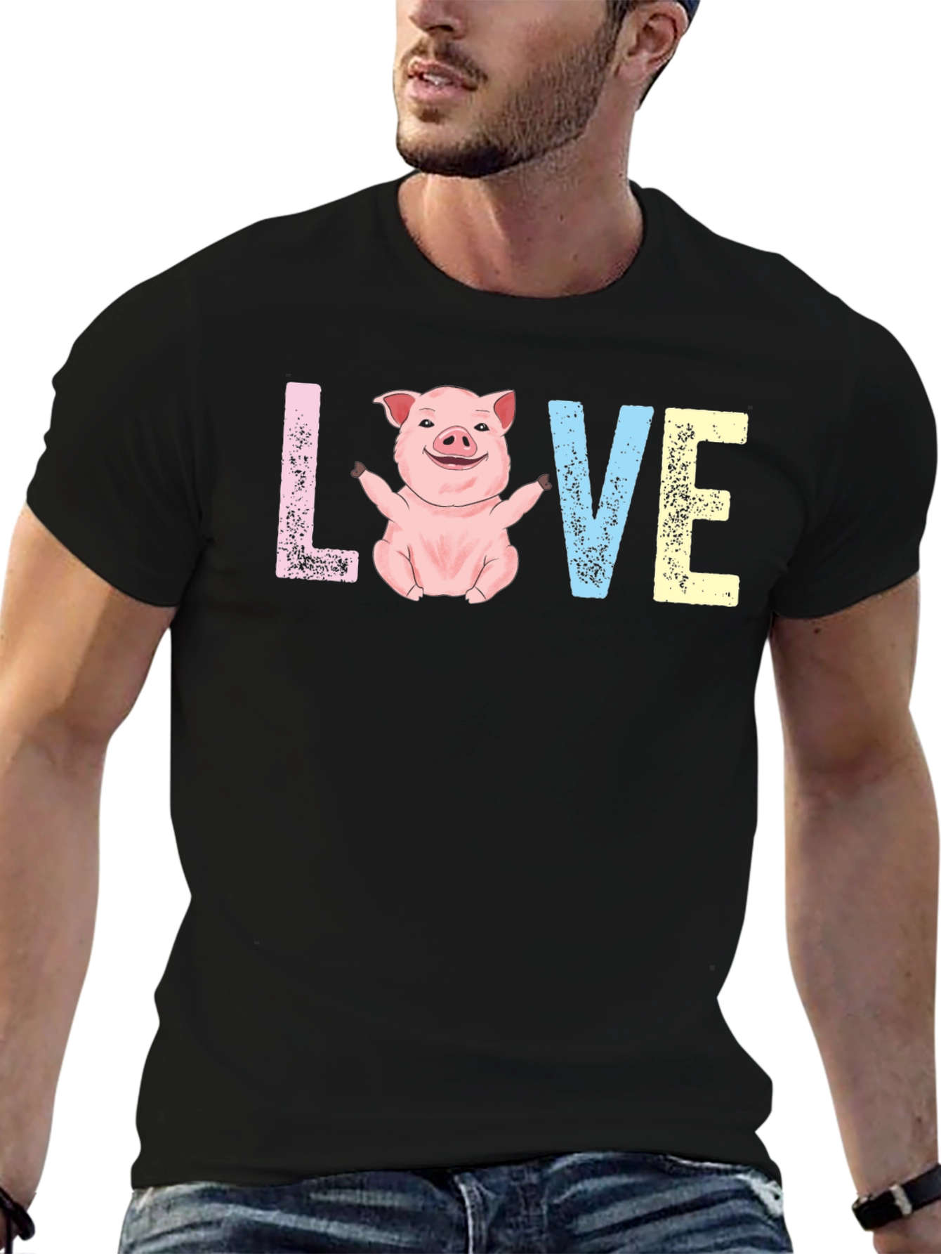 Black Cute Pig LOVE Graphic T-Shirt - Unisex Crew Neck view 6