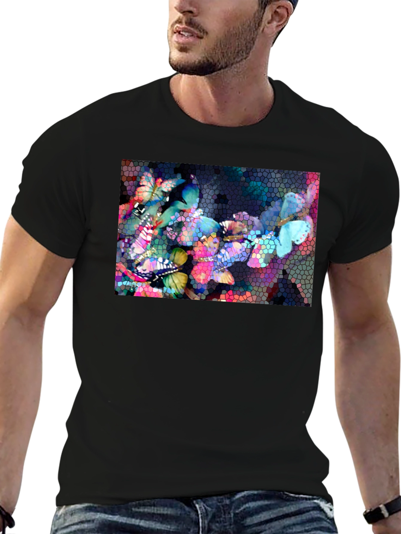 Black Butterfly Mosaic Graphic Tee - Stylish Black T-Shirt view 6