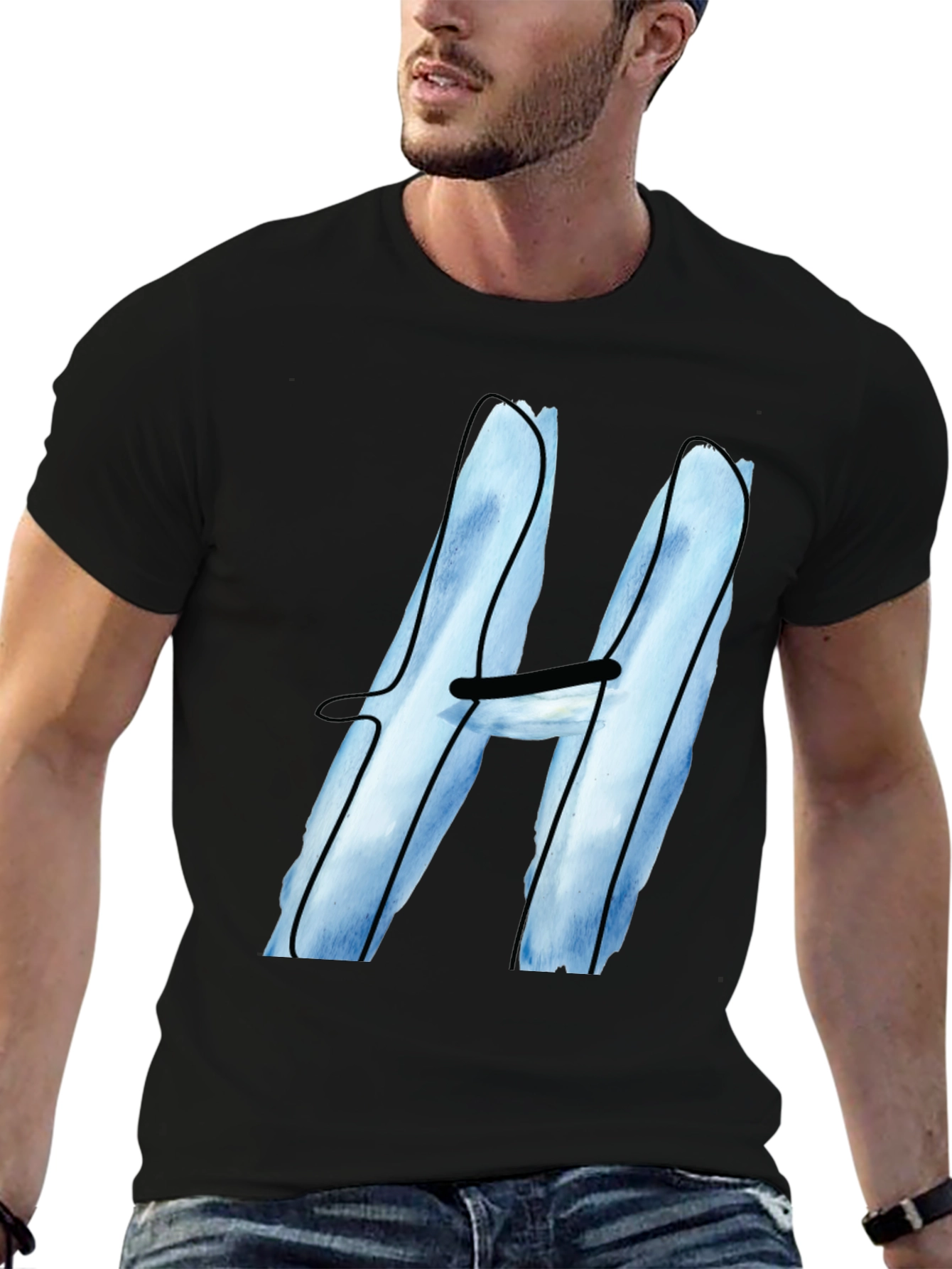 Black Cool Blue H Graphic Tee - Black Cotton Blend view 6