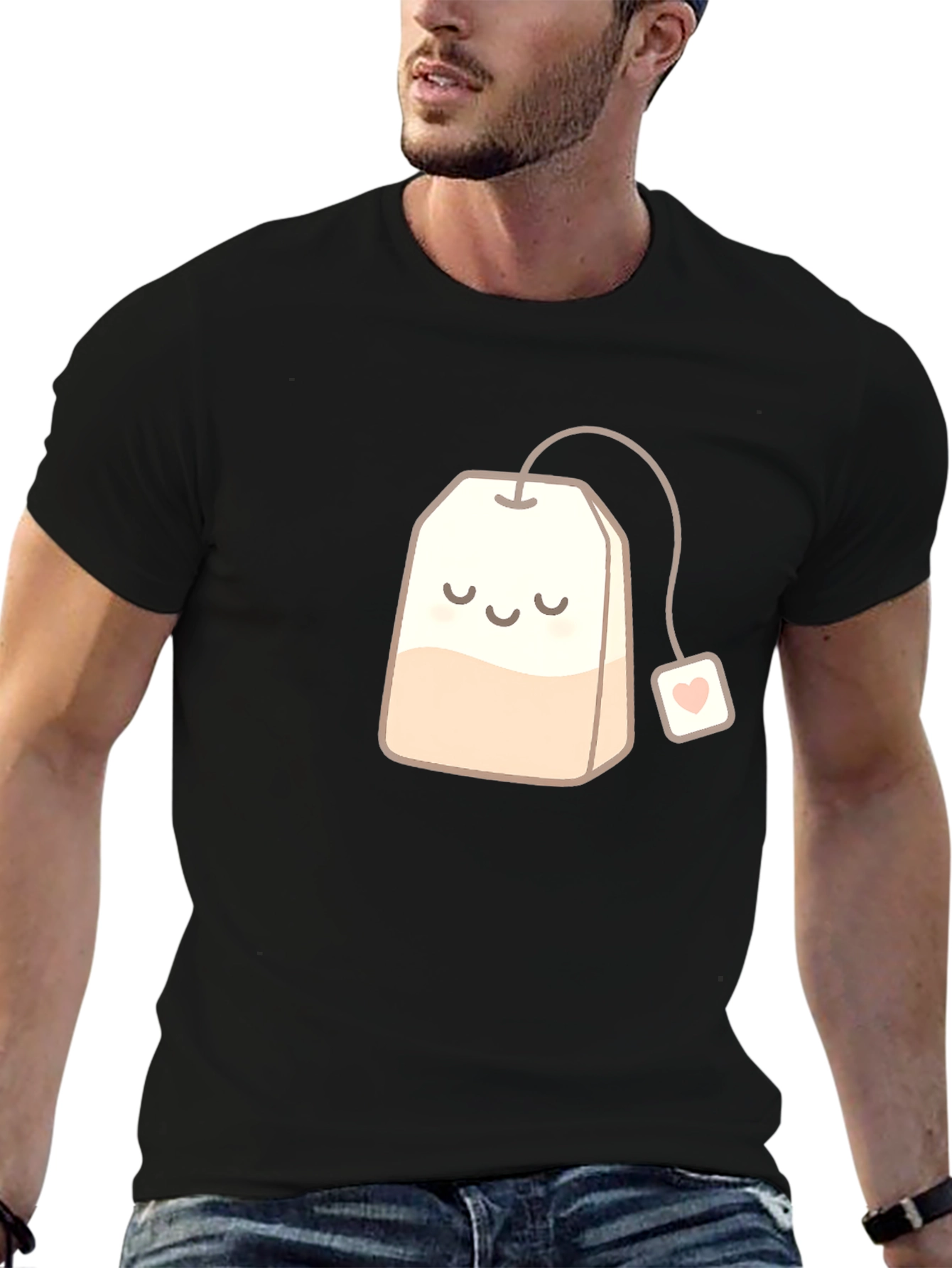 Black Cute Smiling Teabag Black T-Shirt view 6