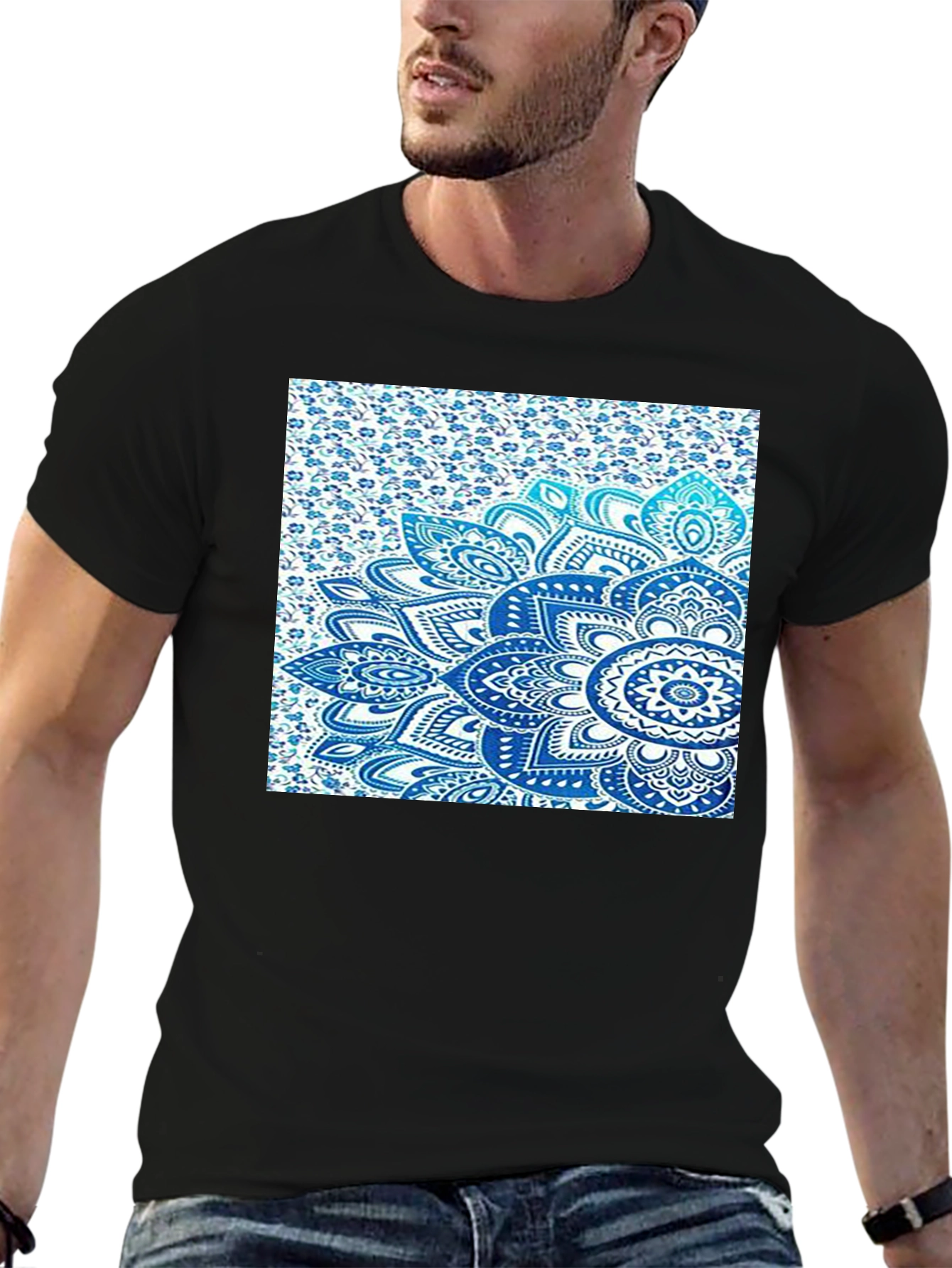 Men's Black Tee with Blue Mandala Print - 6