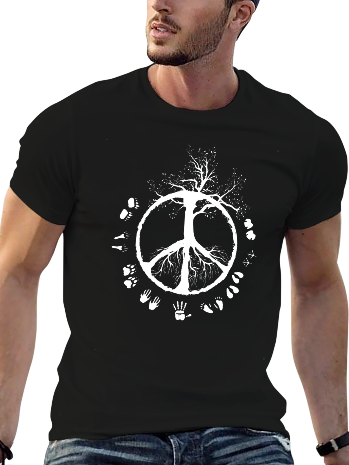 Black Peace Tree Animals T-Shirt - Black view 6