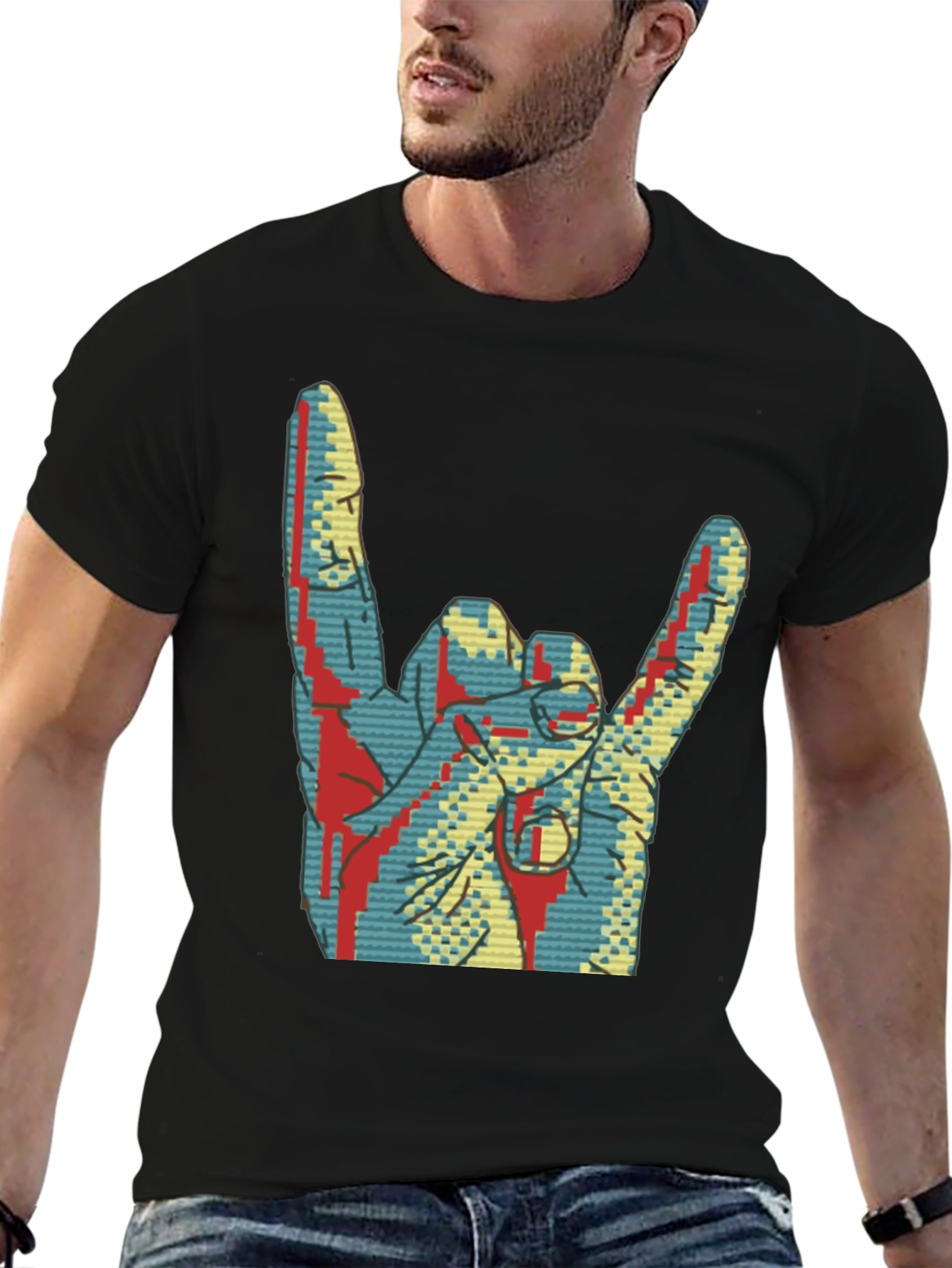 Black Rock On! Graphic Tee - Cool Hand Gesture Shirt view 6
