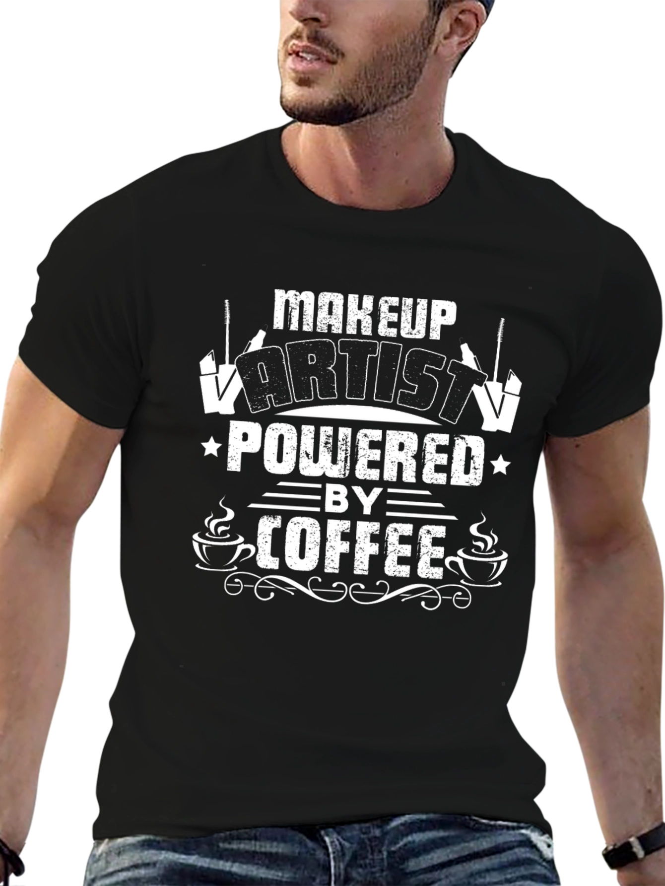 Black Makeup Artist Powered by Coffee Graphic T-Shirt view 6