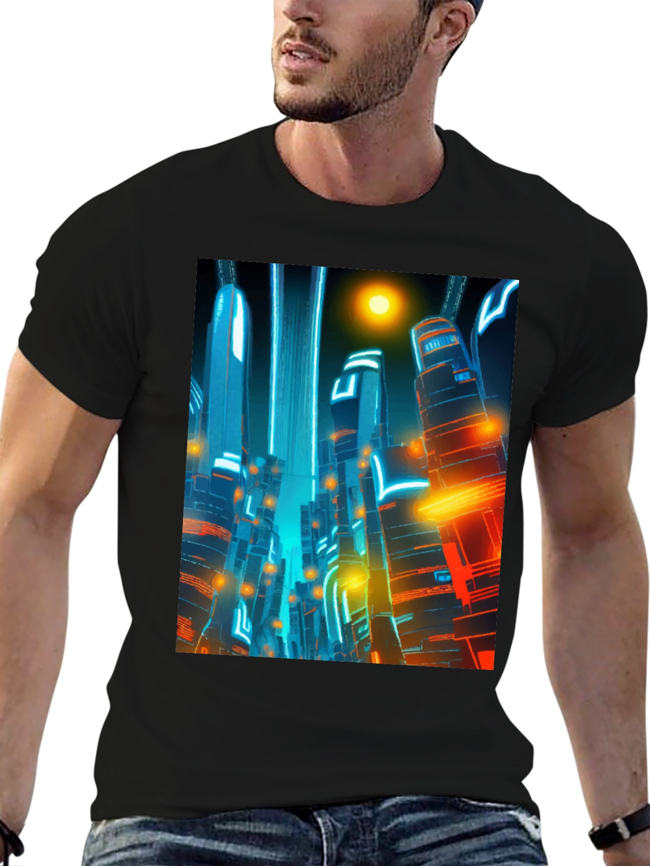 Black Futuristic Cityscape Graphic Tee - Cyberpunk Style Shirt view 6