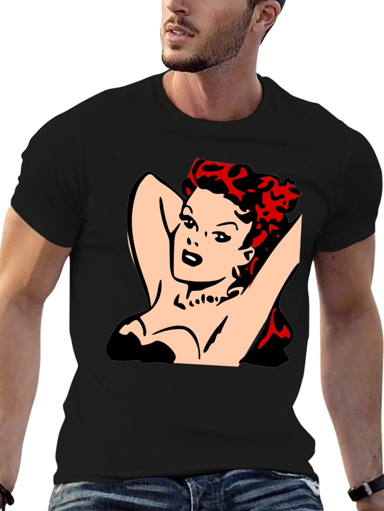 Black Retro Pin-Up Girl Graphic T-Shirt - Black view 6