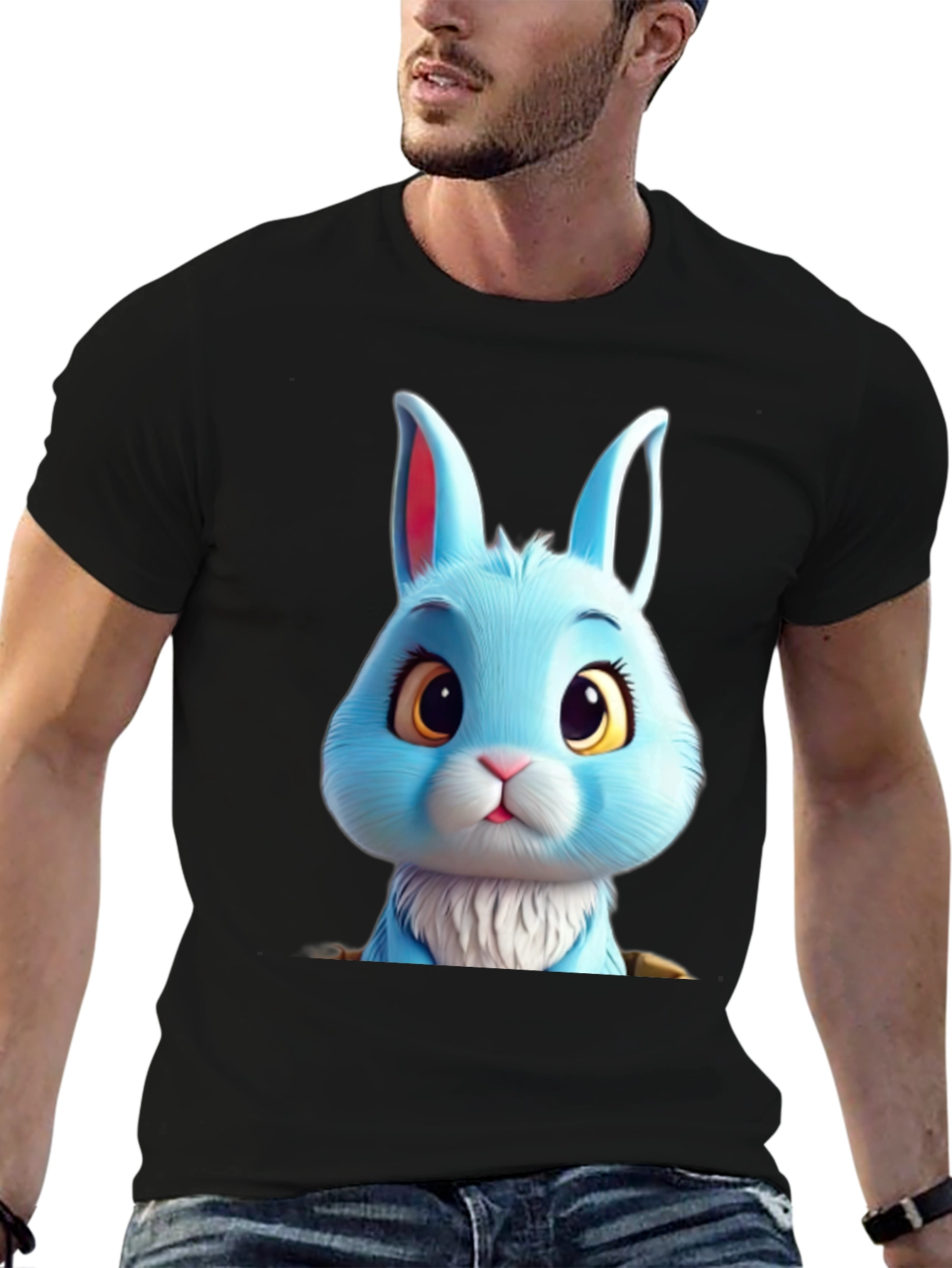 Black Cute Blue Bunny Graphic Tee - Soft & Stylish view 6
