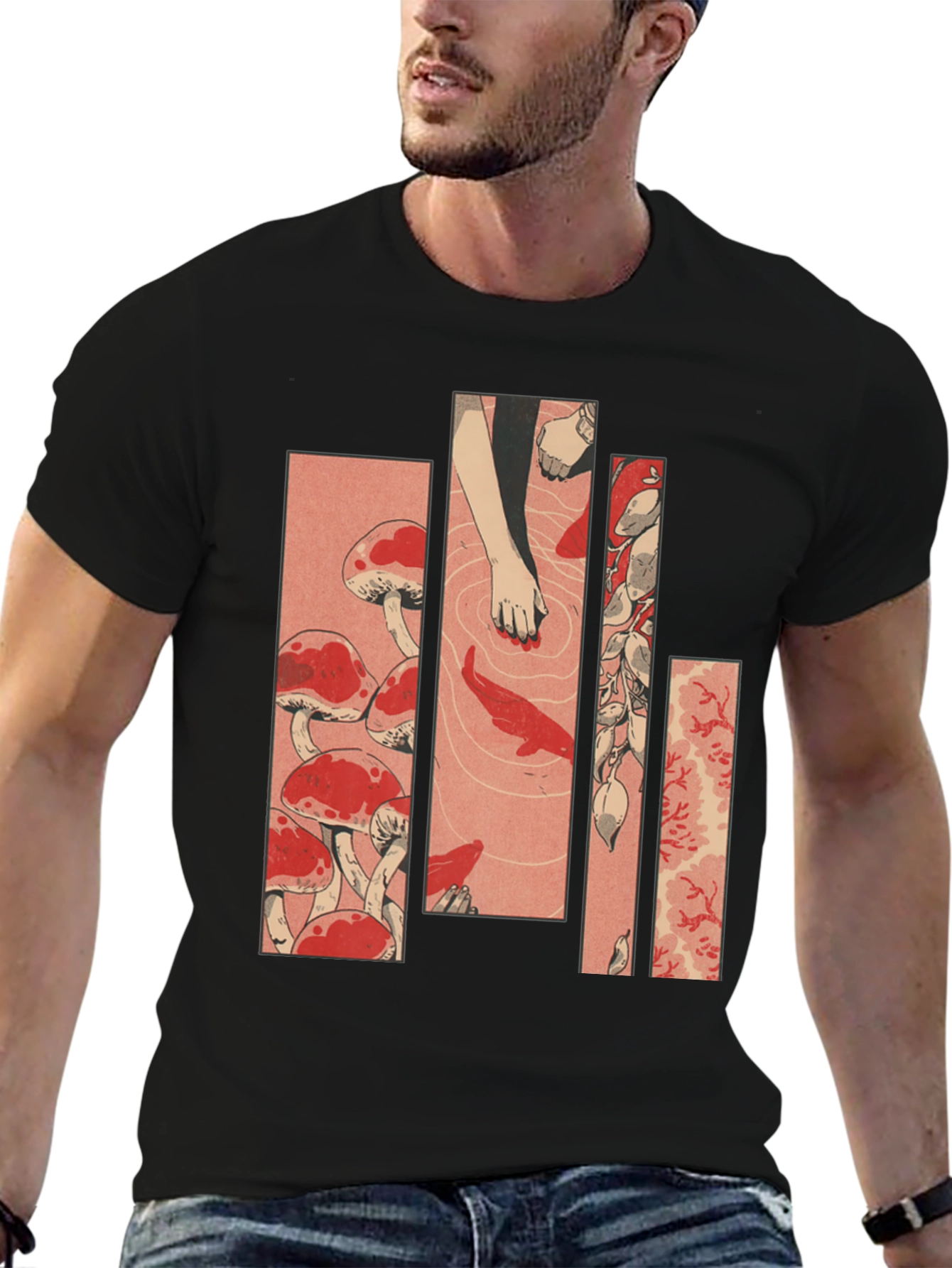 Black Ukiyo-e Style Mushroom & Koi Pond Graphic Tee view 6