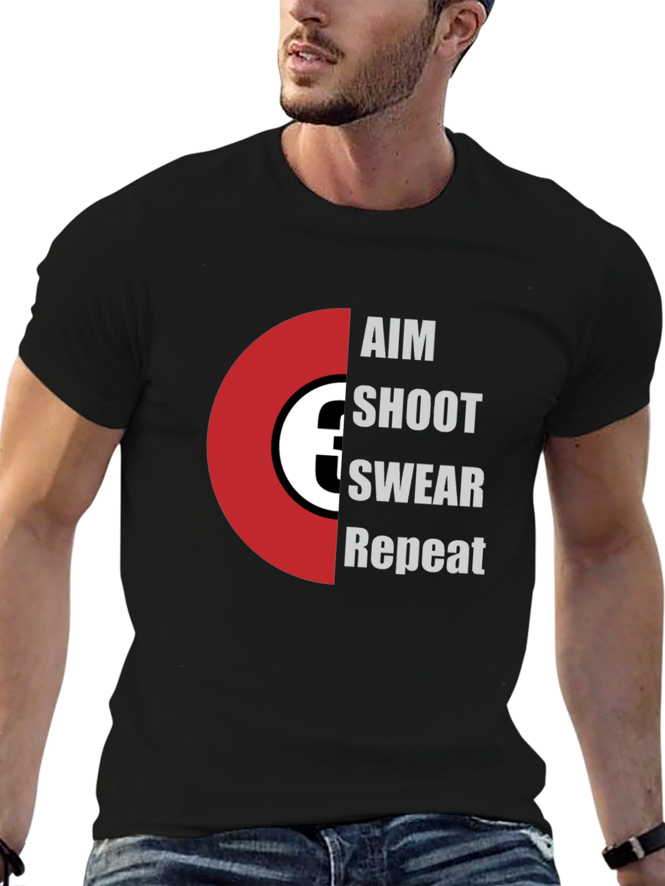 Black Aim Shoot Swear Repeat T-Shirt - Funny Gamer Tee view 6