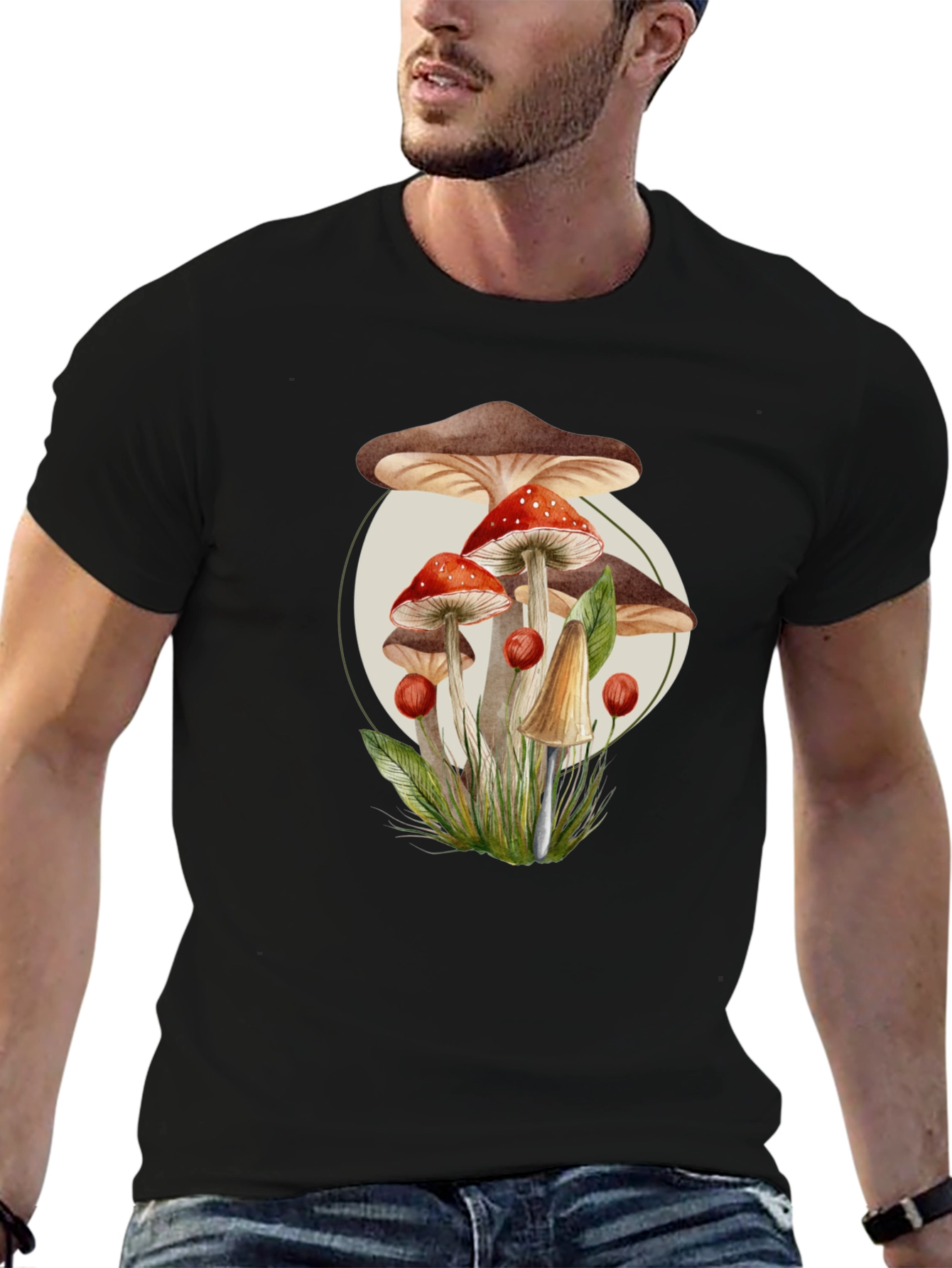 Black Mushroom Print Black T-Shirt - Unique Nature Design view 6