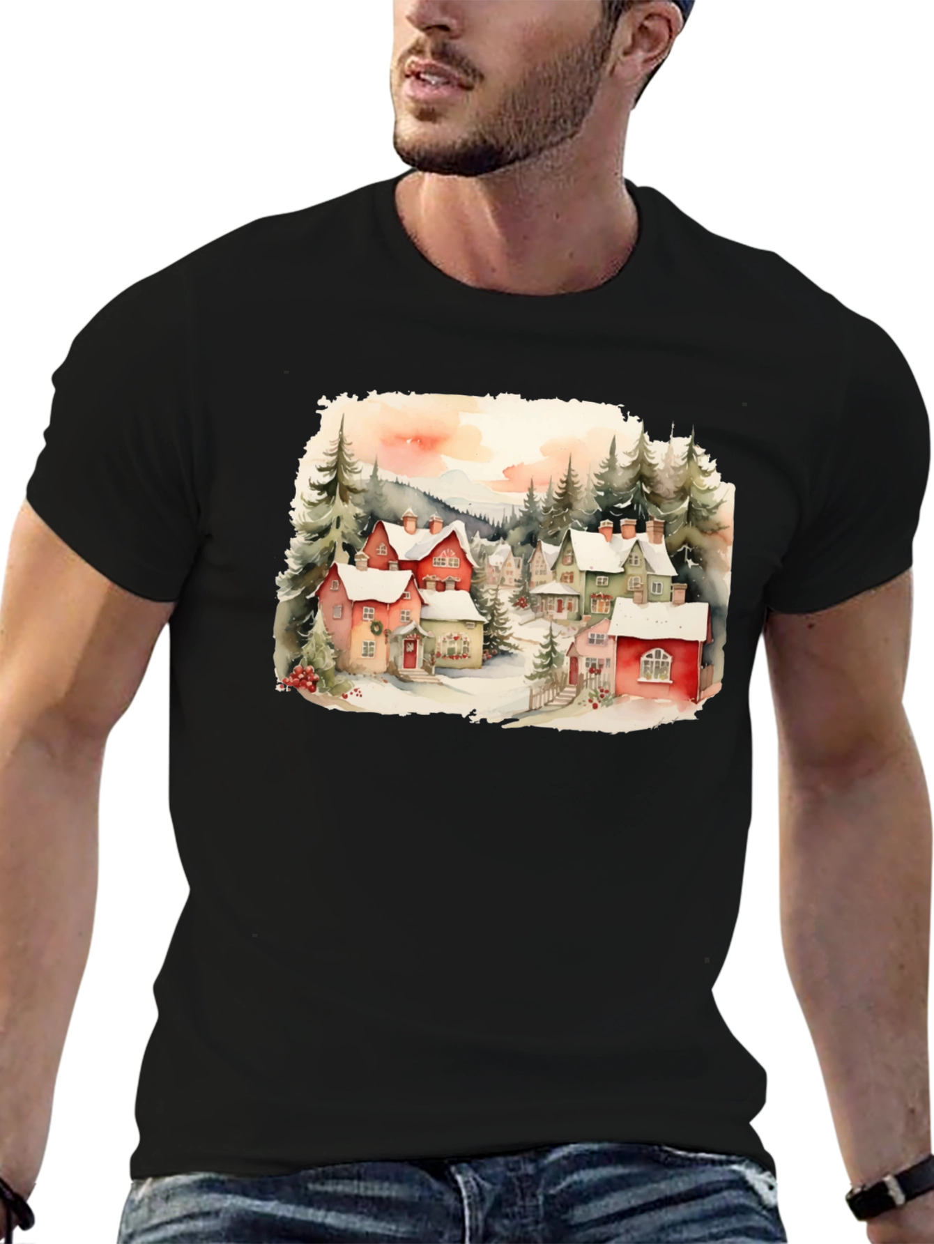 Black Watercolor Winter Village T-Shirt view 6
