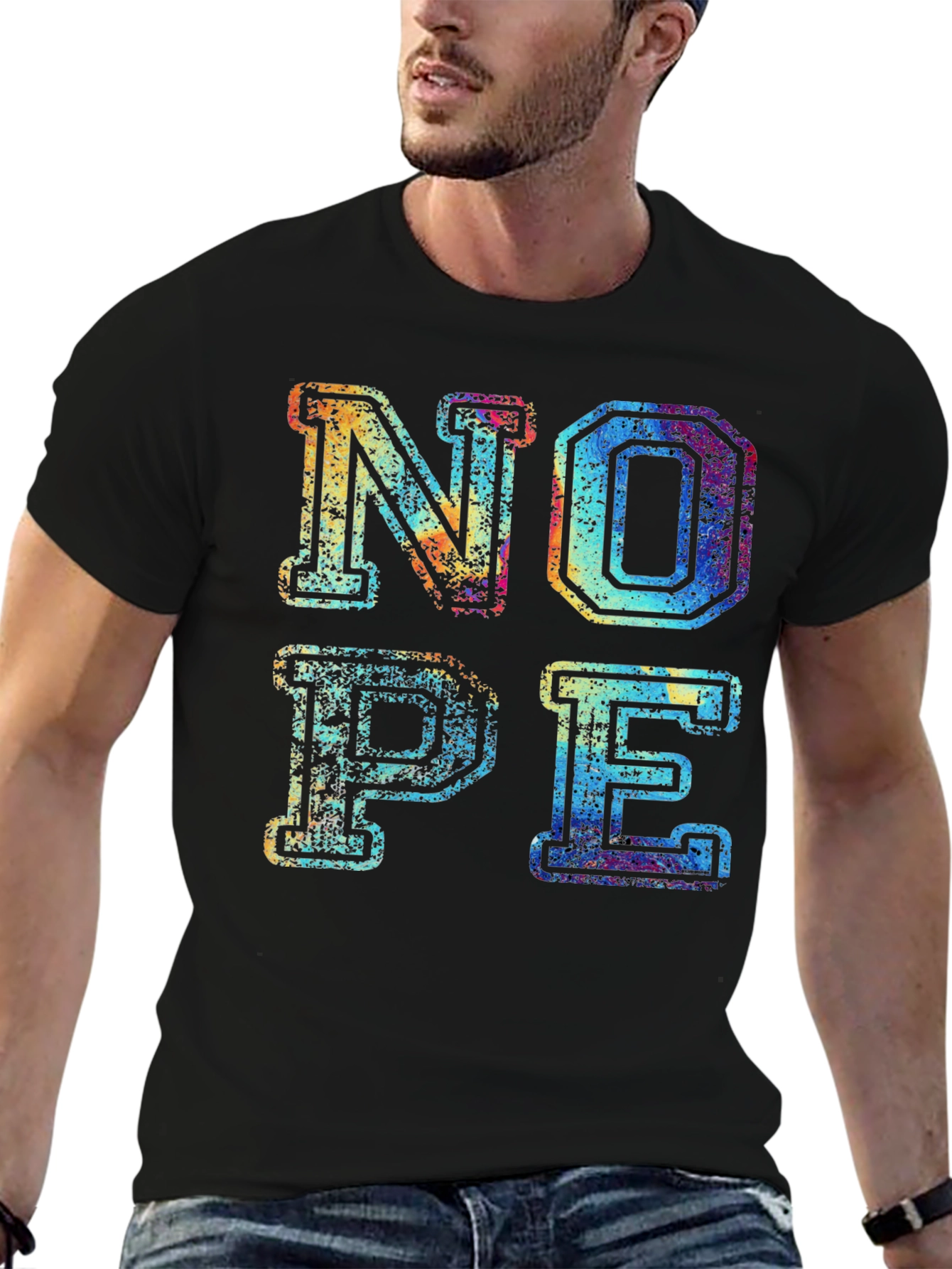 Black Retro "NOPE" Graphic Print Men's T-Shirt view 6