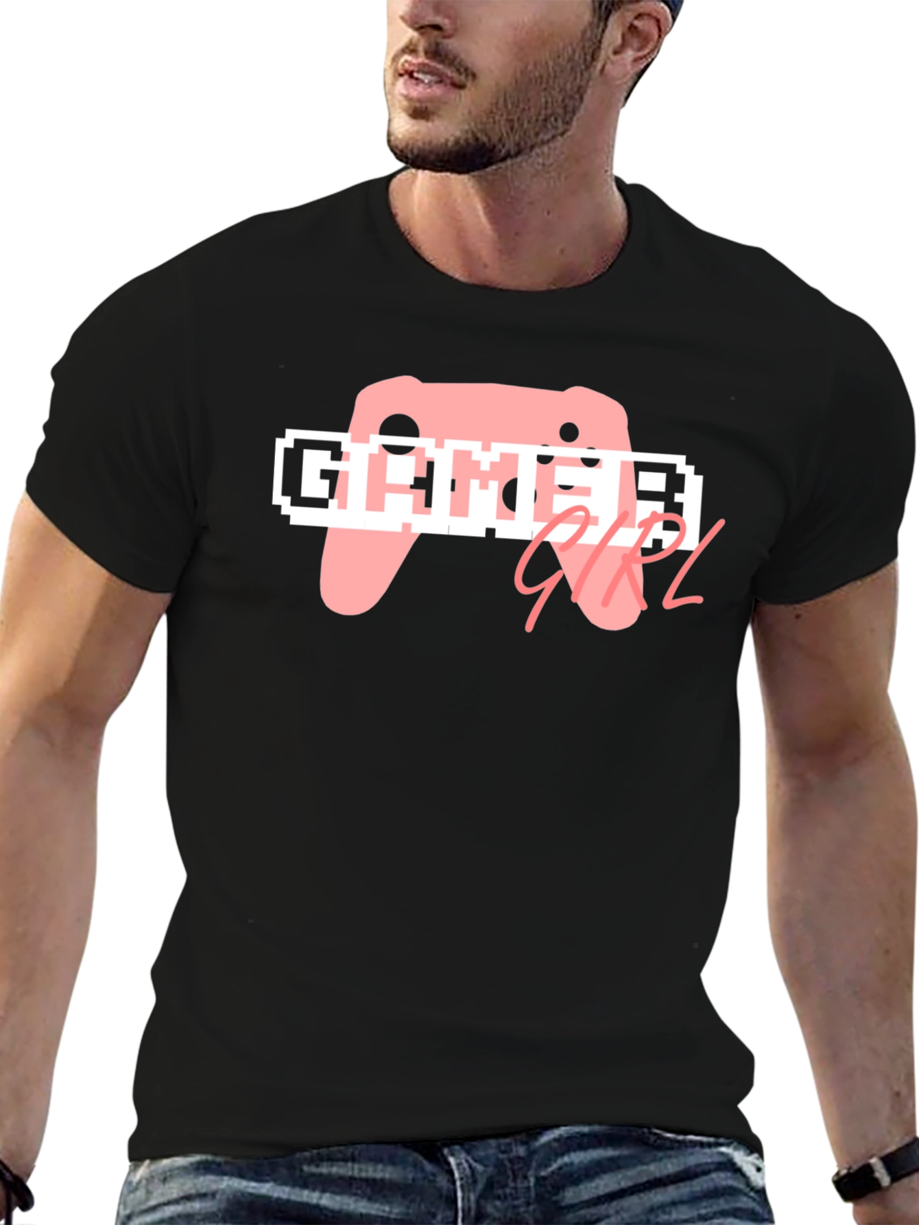 Black Gamer Girl T-Shirt - Black Cotton Tee, Pink Controller Design view 6