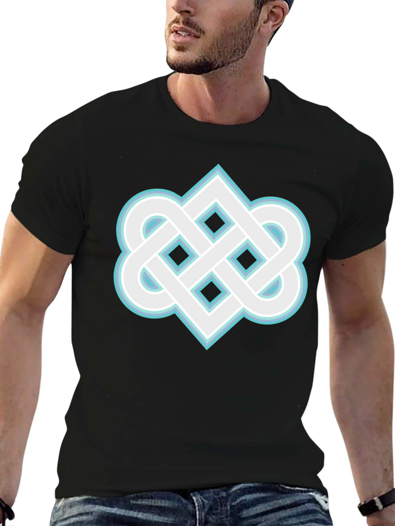 Black Geometric Knot Graphic Tee - Black Cotton Blend Shirt view 6