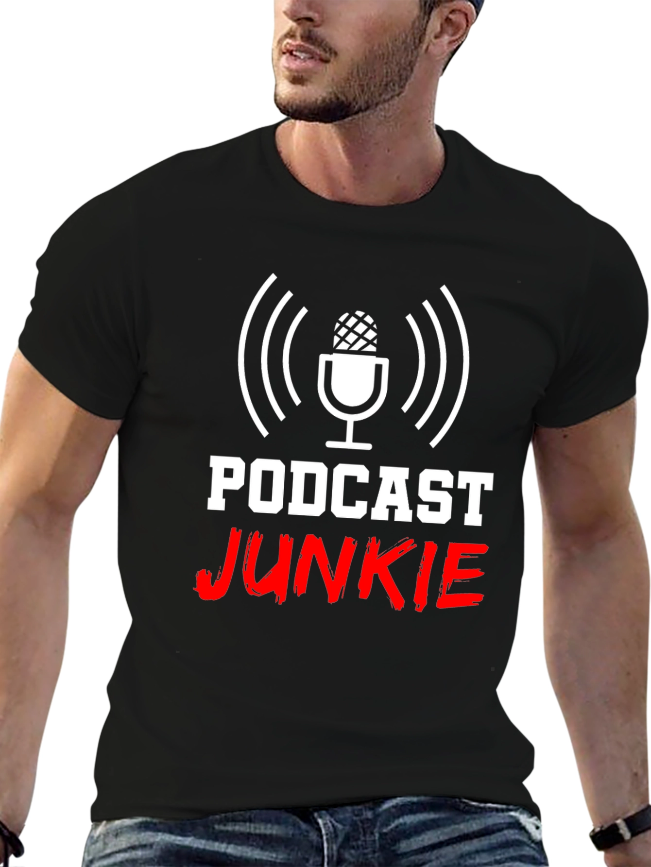Black Podcast Junkie T-Shirt - Funny Audio Lover Tee view 6